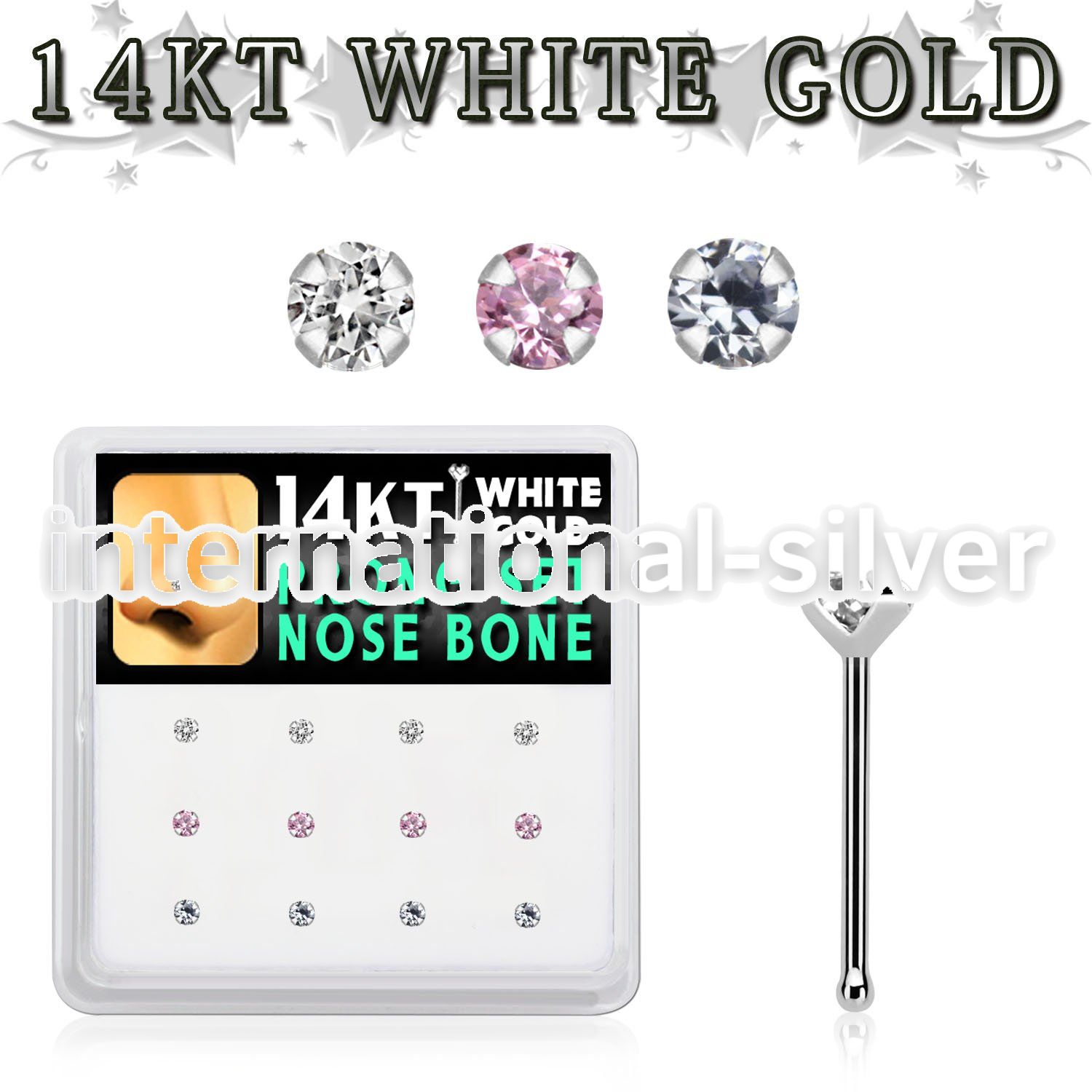 dwnb10 box w 14kt white gold nose screw w prong set 2mm mix czs
