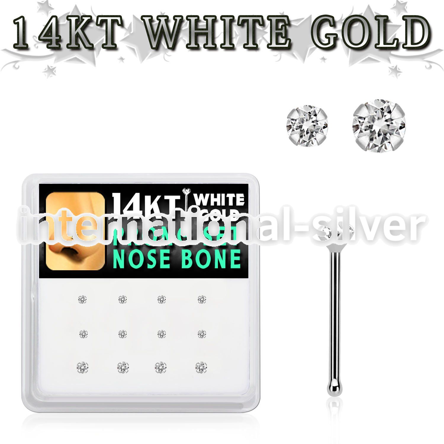 dwnb11 box w 14kt white gold nose bone w prong set 1.5 2mm cz
