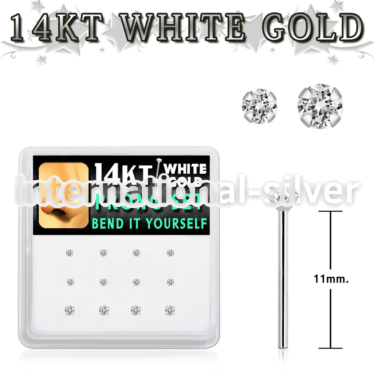 dwys11 box w 14kt white gold bend it nose stud w 1.5 2mm cz