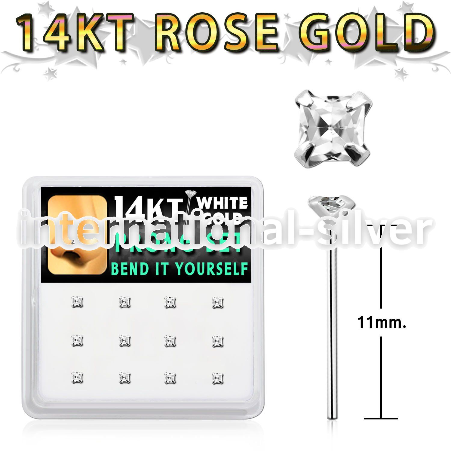 dwys19 box w 14kt white gold bend it nose stud w 2mm square cz 
