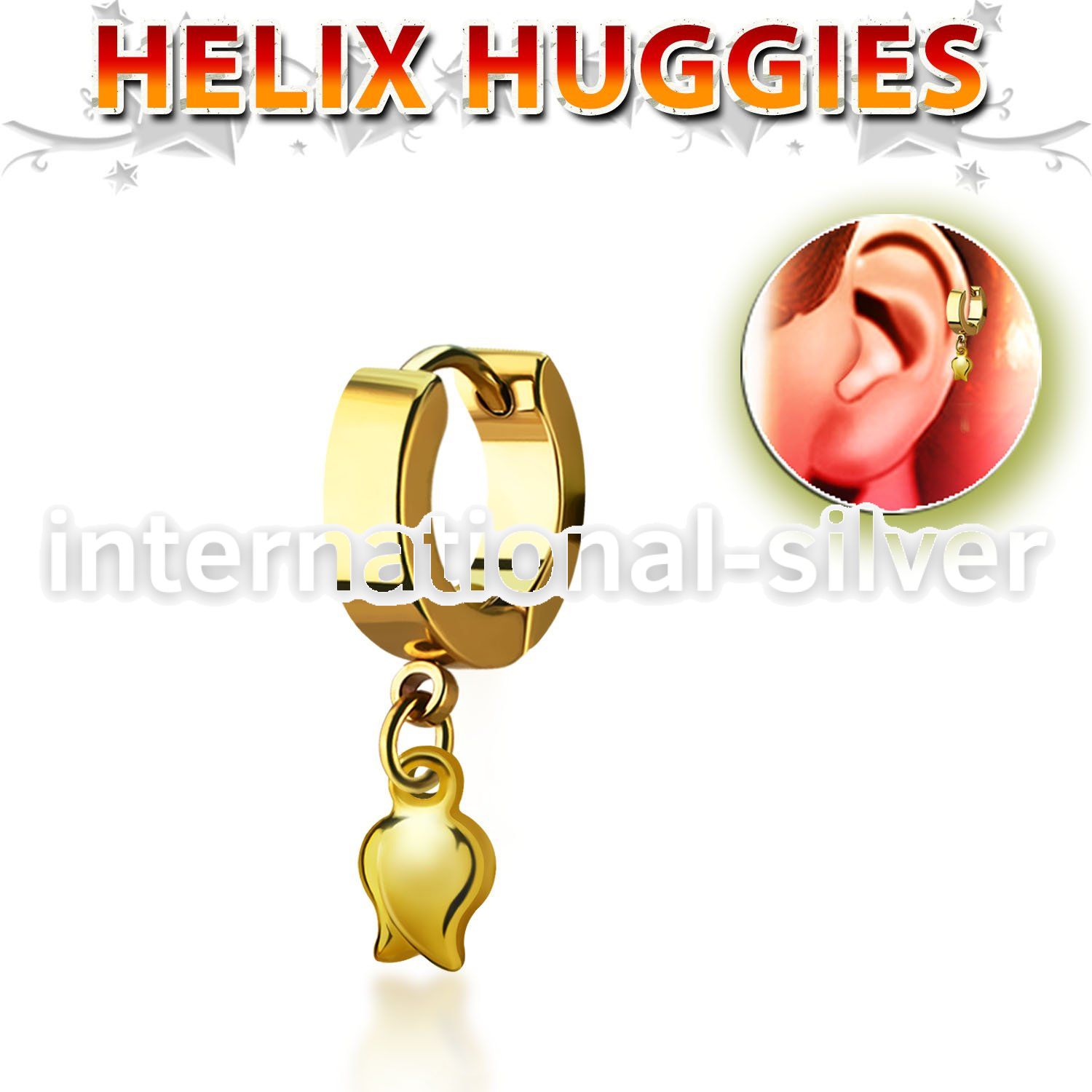 ehg767 gold pvd plated steel huggies w a dangling tulip