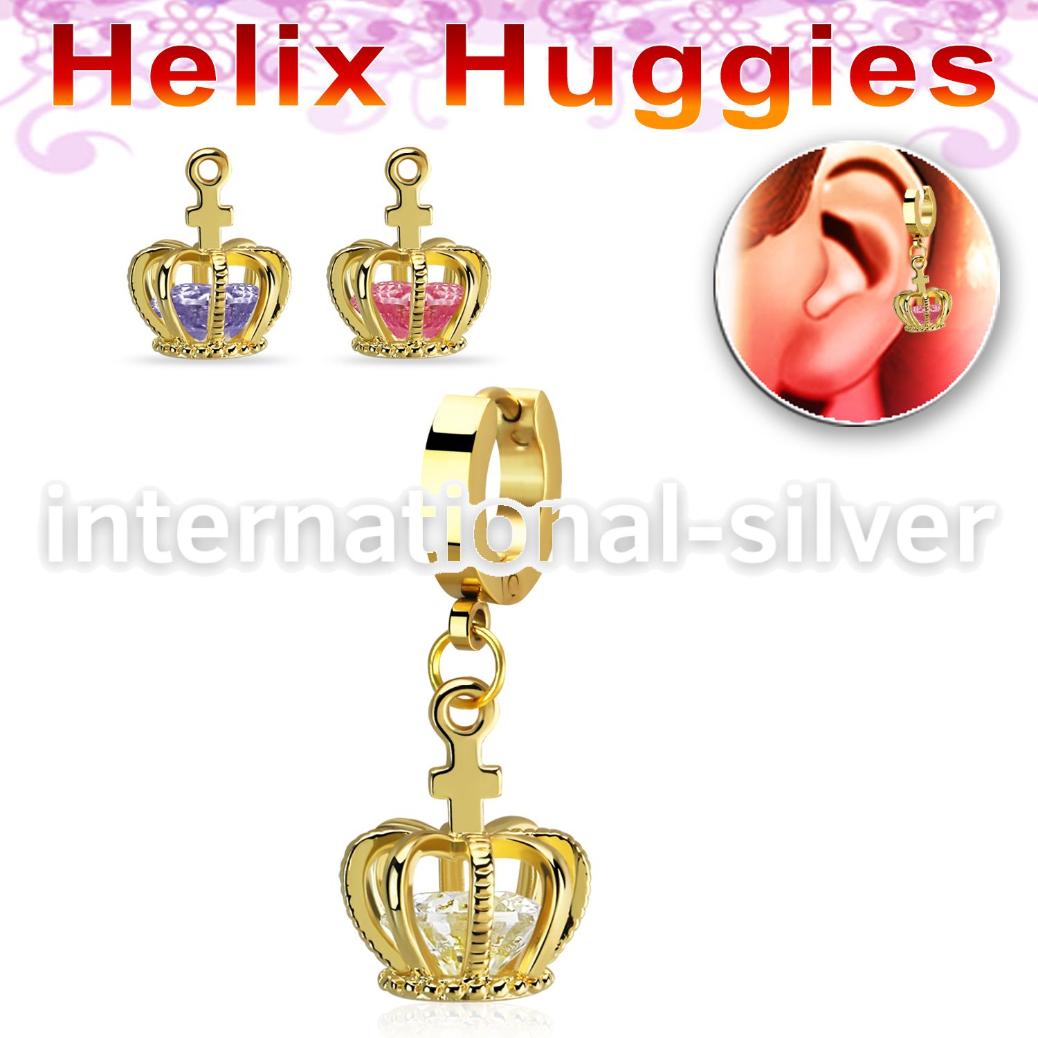 ehgz590 gold stainless steel helix huggie w dangling crown w cz