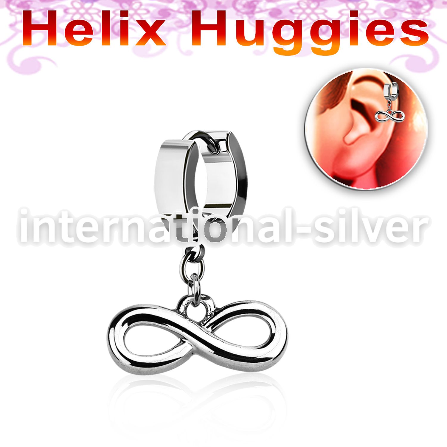 ehh618 helix huggie w a dangling infinity symbol
