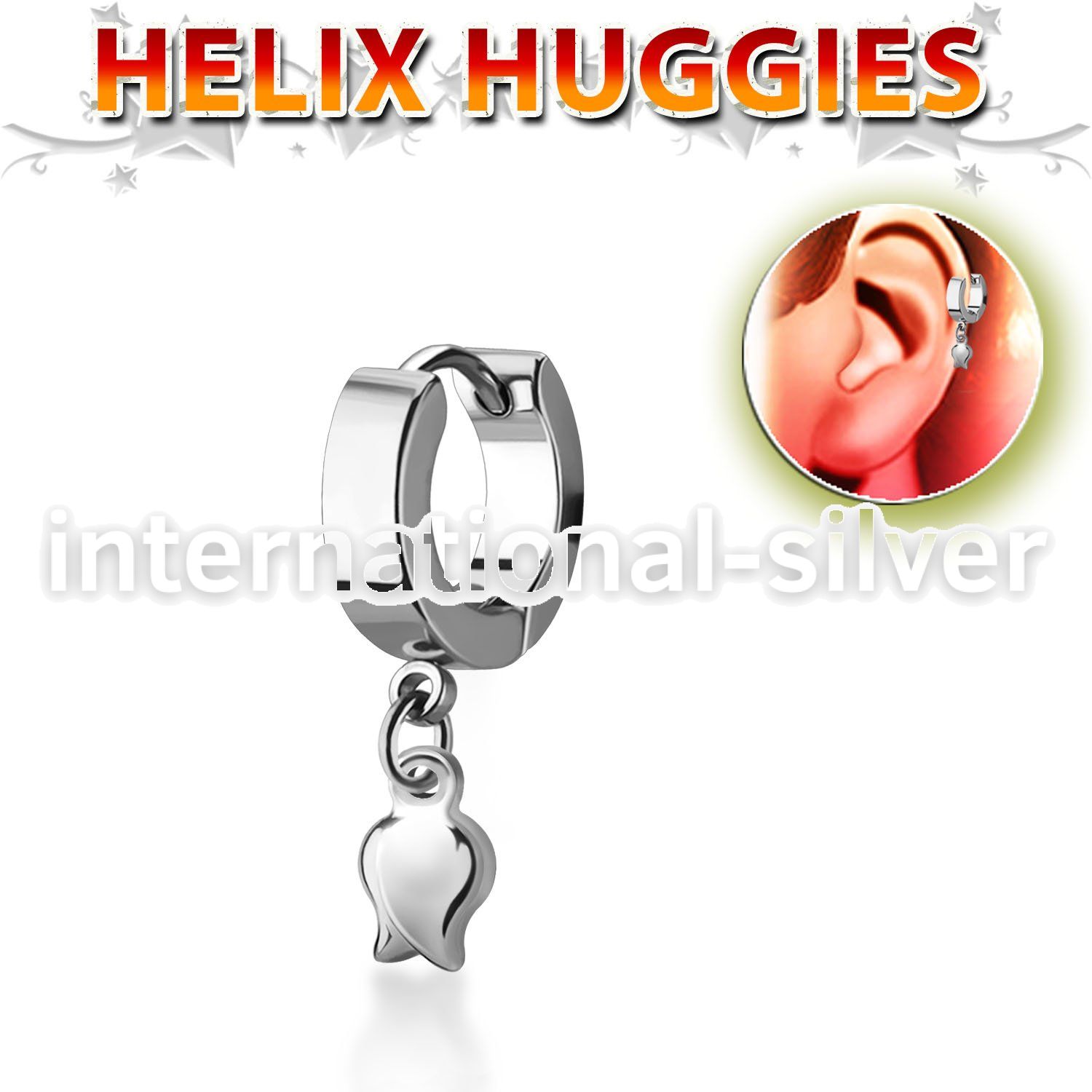 ehh767 high polished stainless steel huggie w a dangling tulip 