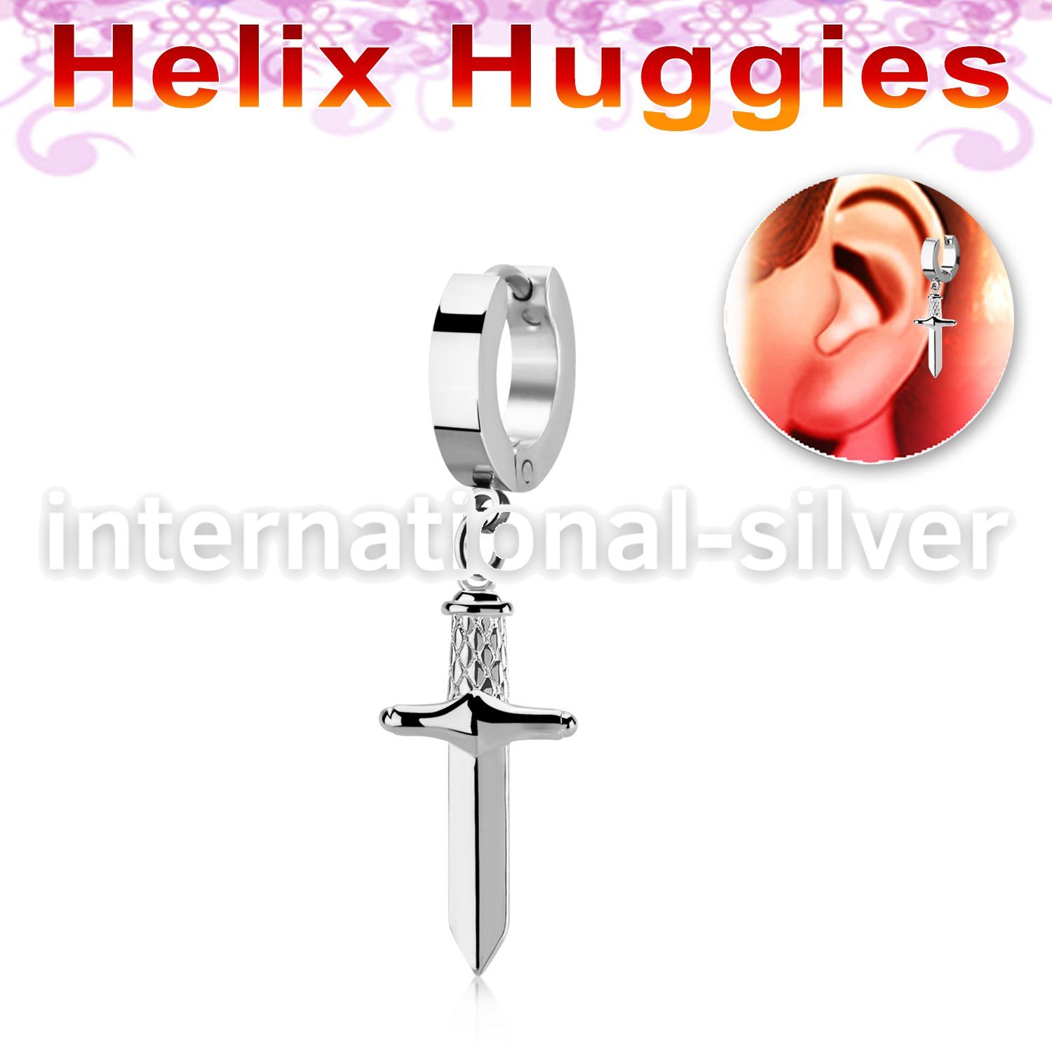 ehh768 high polished stainless steel huggie w a dangling dagger
