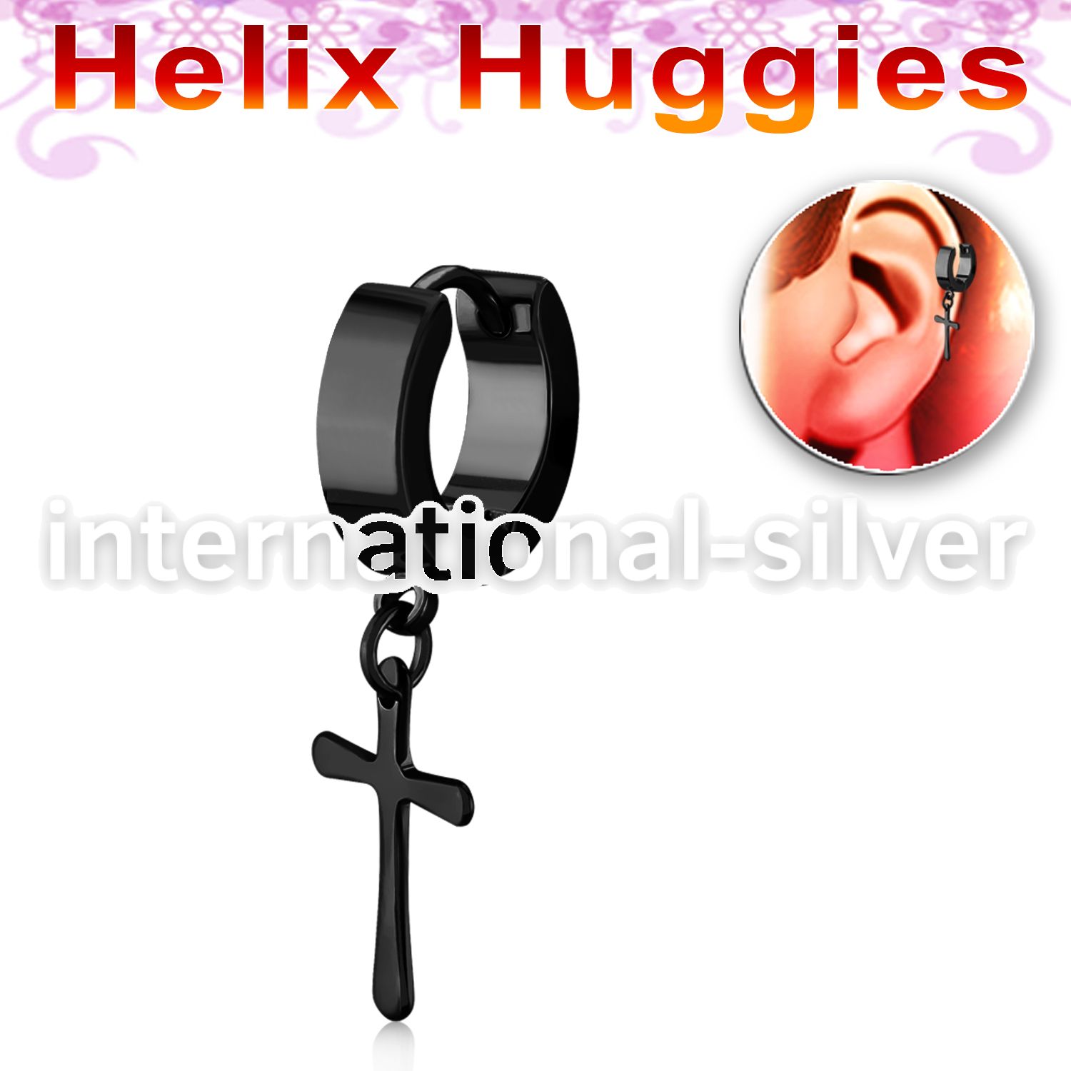 er268cb tiny black steel helix huggie w cross dangling