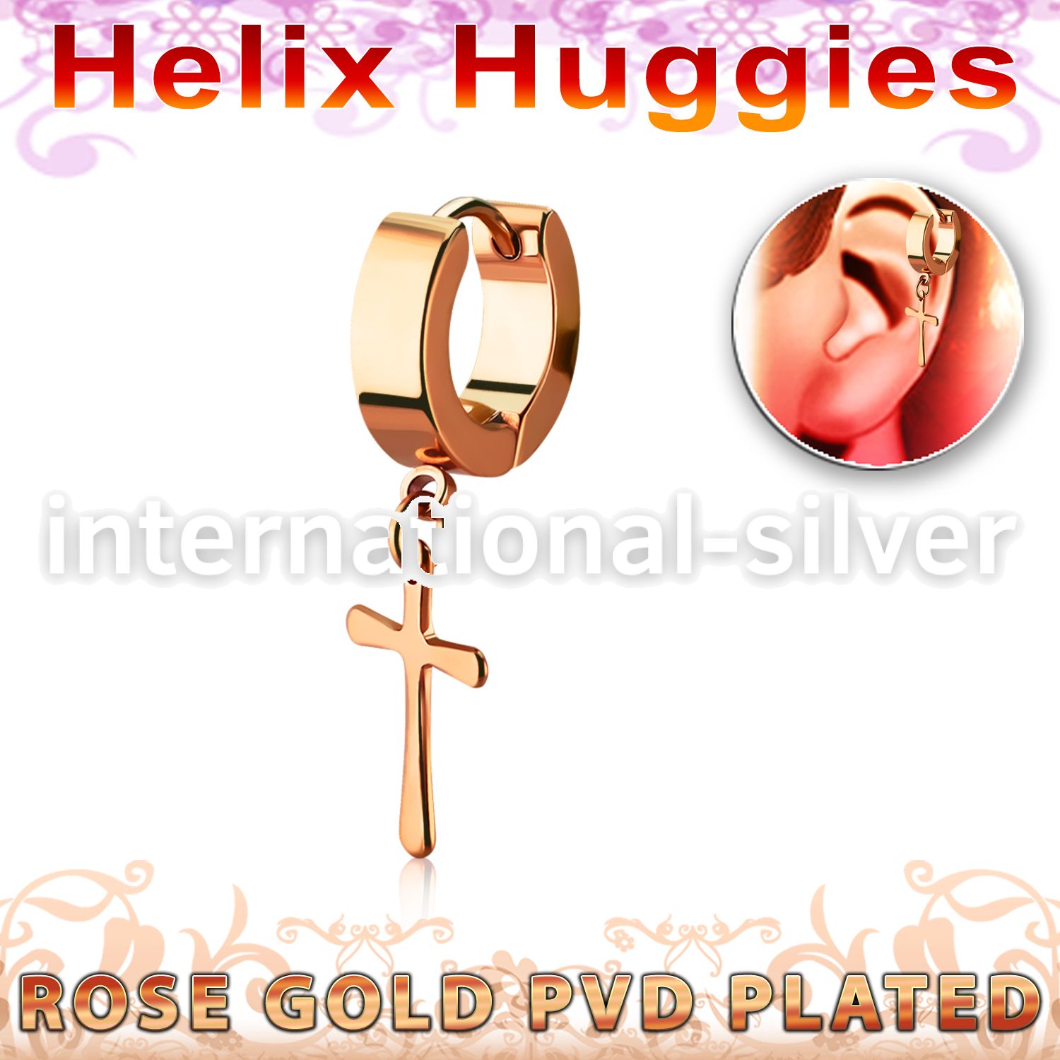 er268cr tiny rose gold steel helix huggie w cross dangling