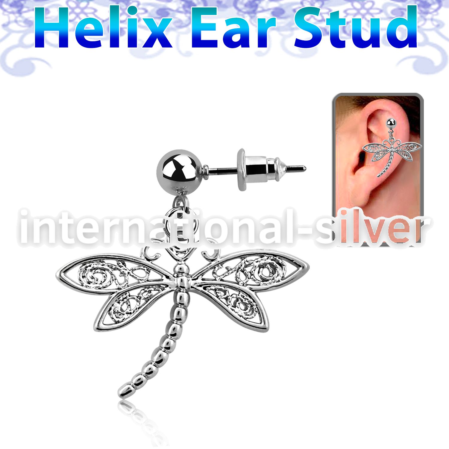 erbd566 316l steel helix ear stud ball with dangling dragonfly