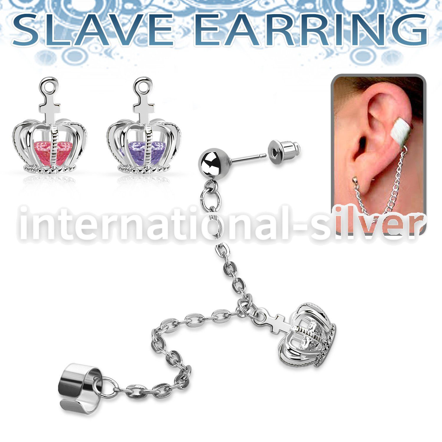 erdl21 stainless steel slave helix clip w dangling crown w cz