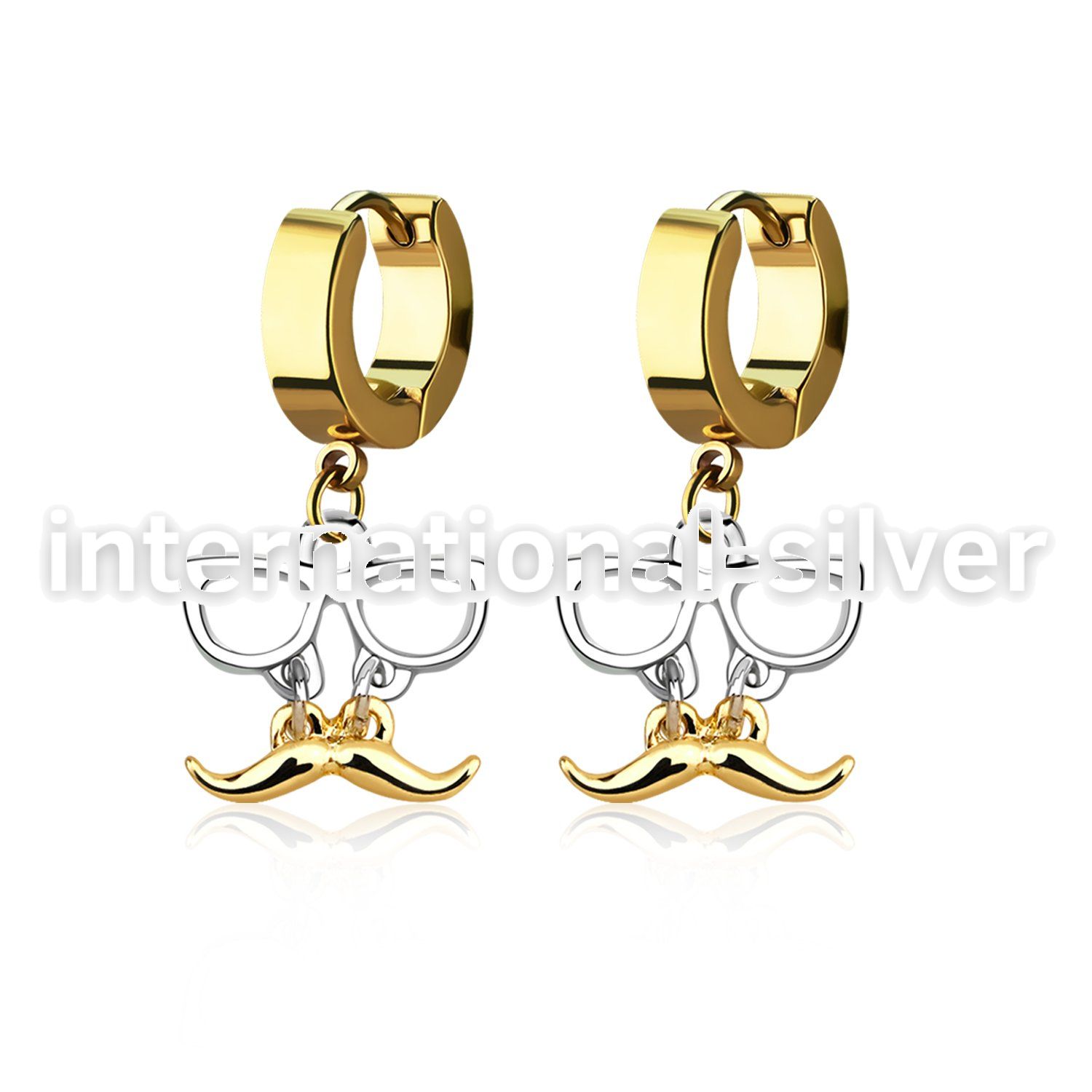 erg507 gold steel huggies earrings w dangling mustache glasses