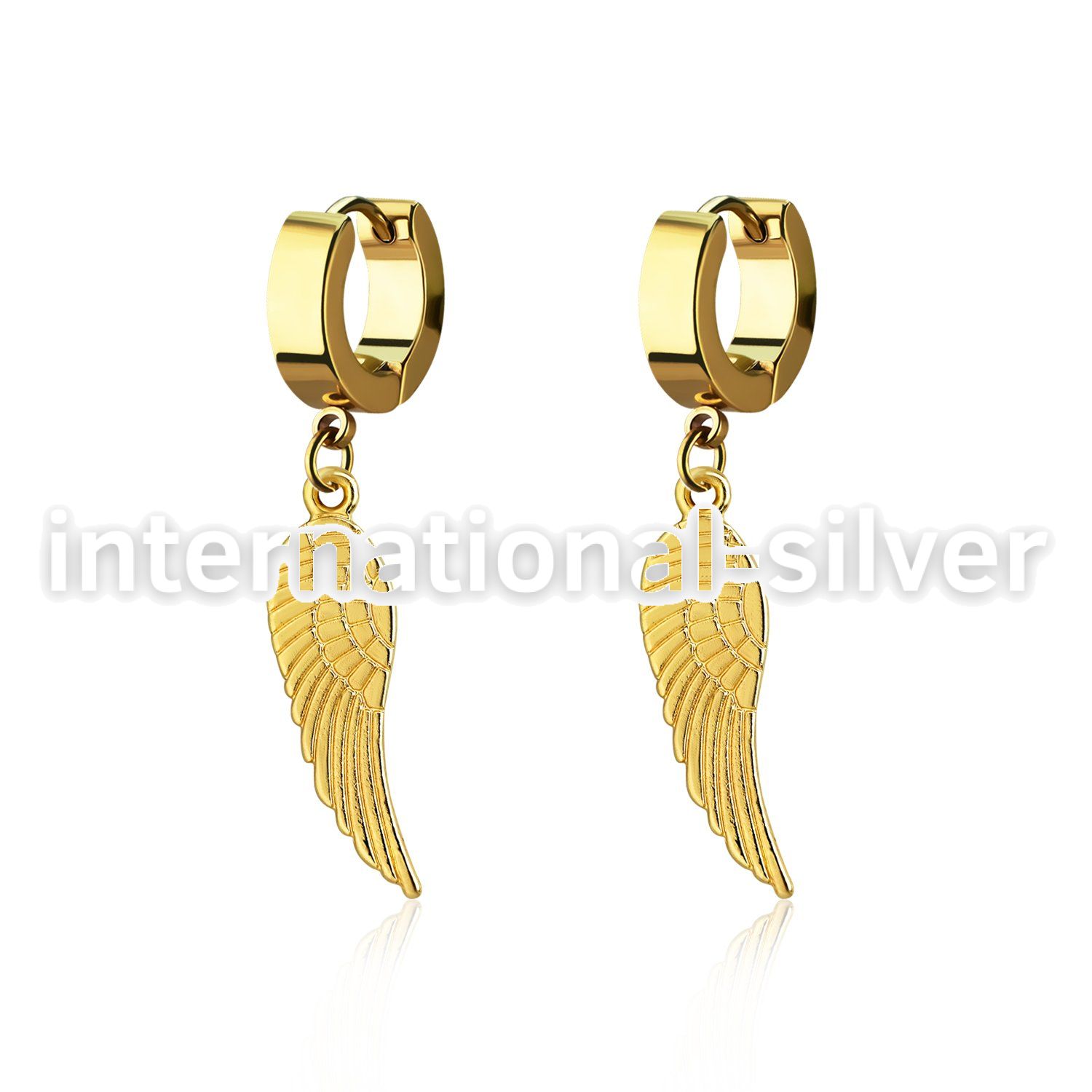 erg584 gold steel huggies earrings w dangling bird wing