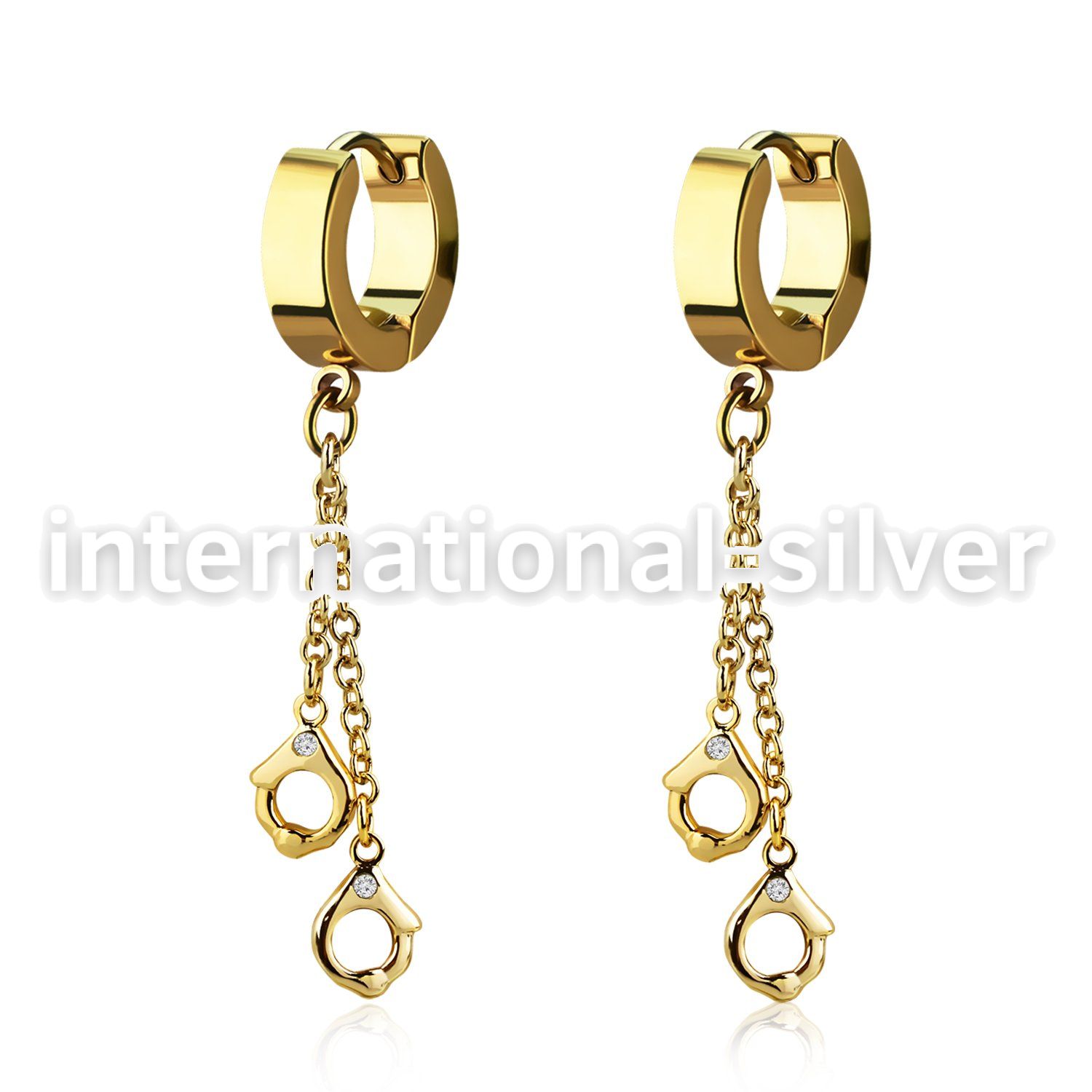 erg652 gold steel huggies earrings w dangling handcuffs
