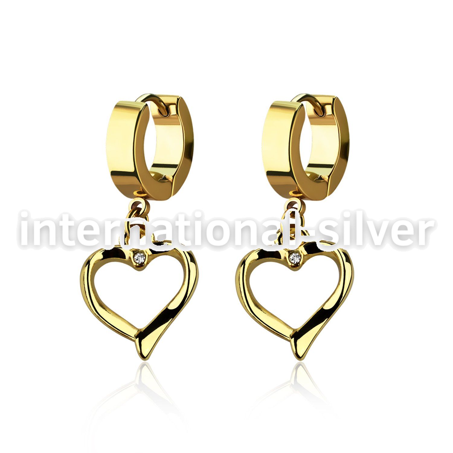 erg666 gold steel huggies earrings w a heart shaped dangling