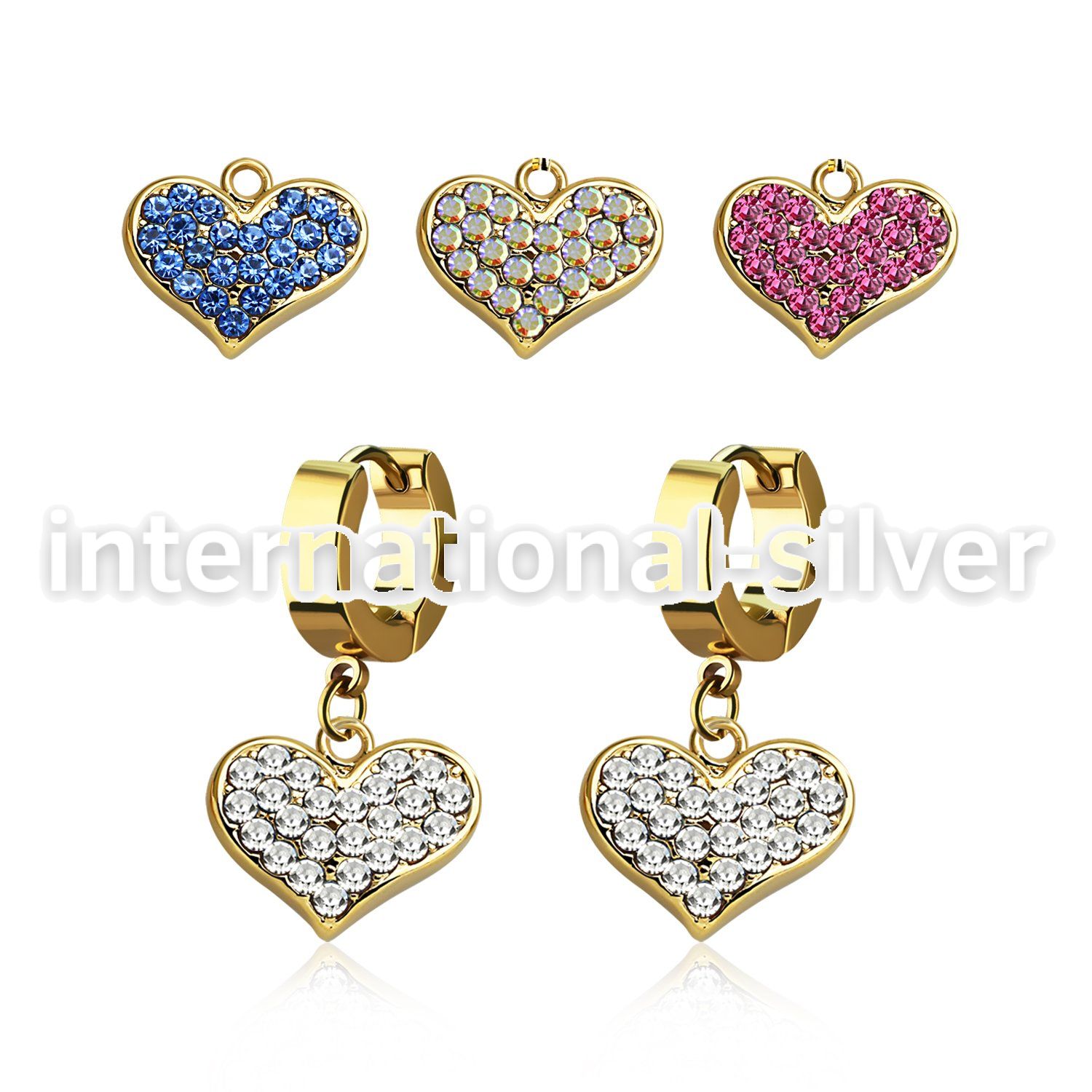 erg705 gold steel huggies earrings w dangling crystal heart