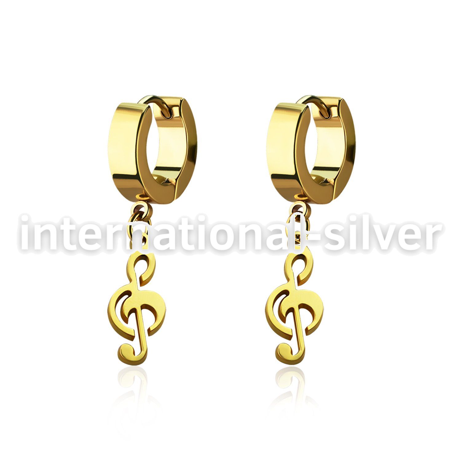 erg709 gold steel huggies earrings w dangling musical note