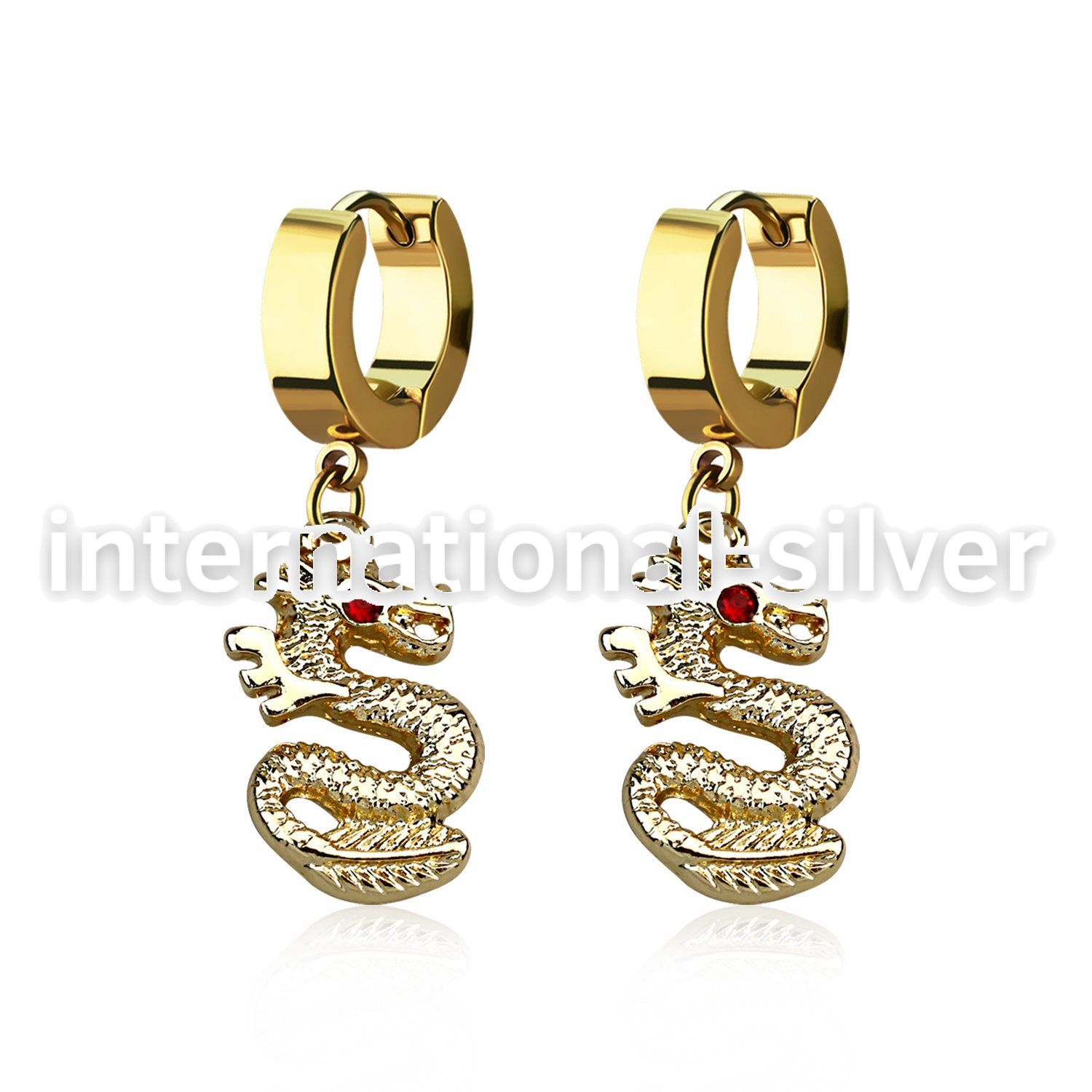 erg721 gold steel huggies earrings dangling dragon crystal eye