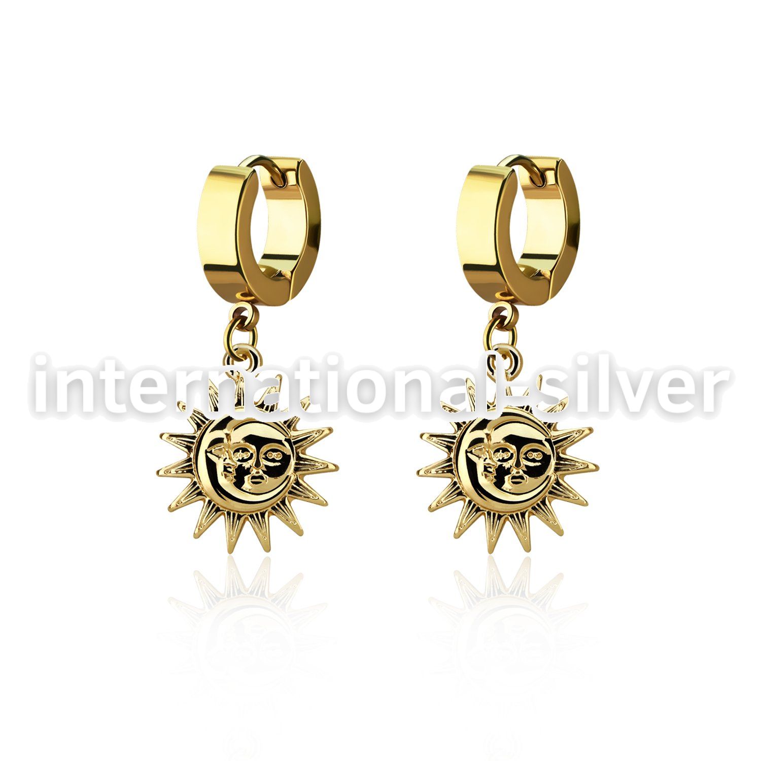 erg726 gold steel huggies earrings w a sun dangling