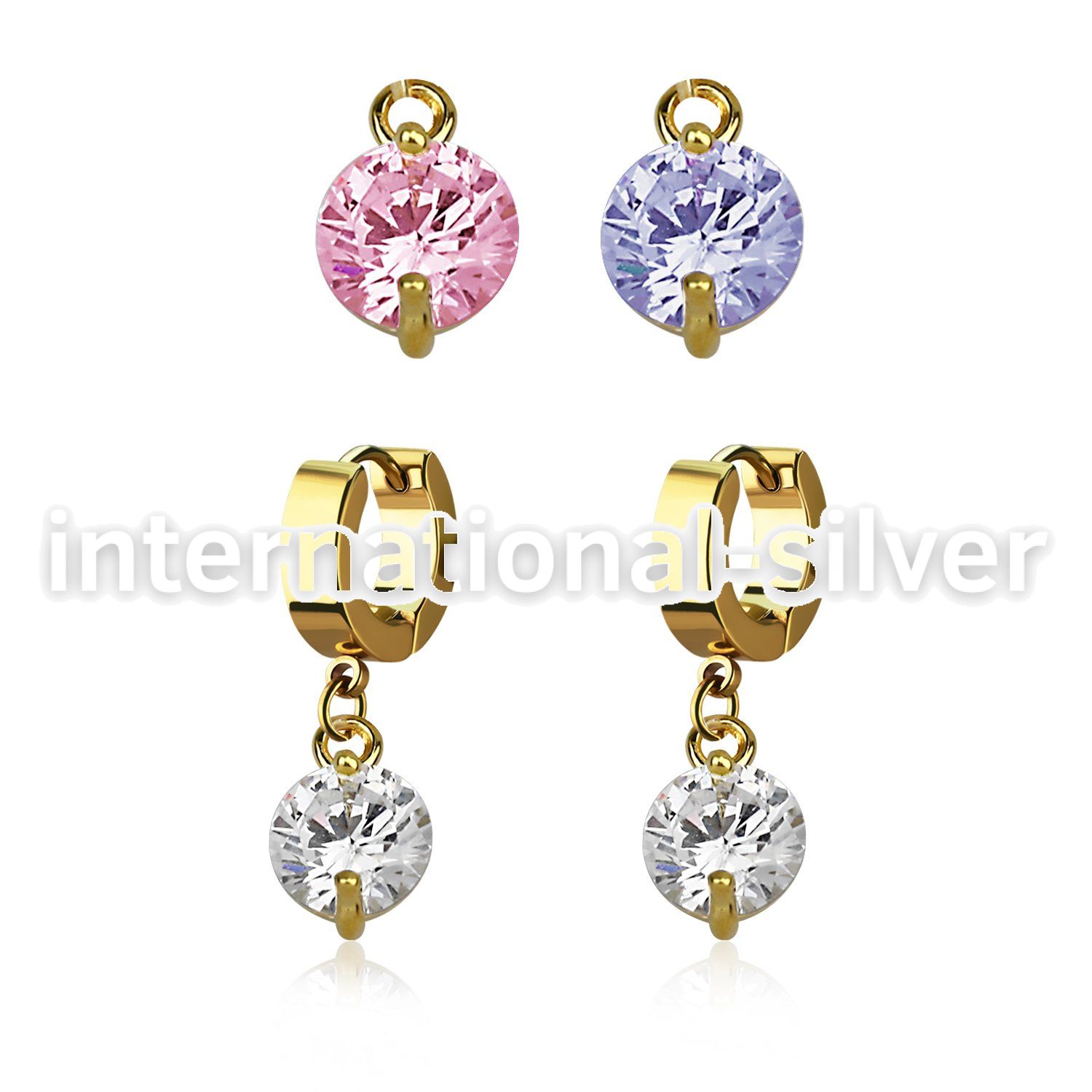 ergz519 gold steel huggies earrings w dangling 8mm prong set cz