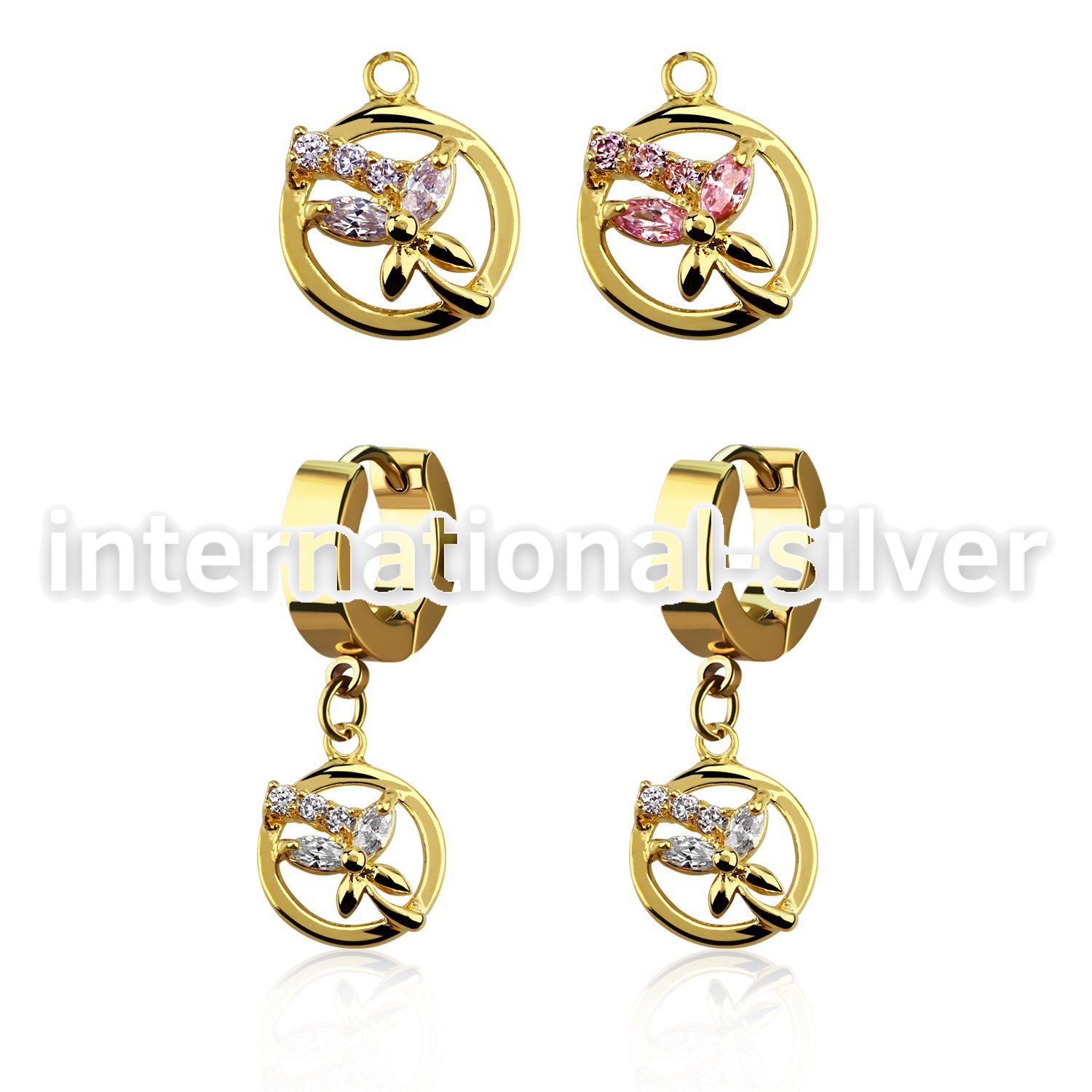 ergz520 gold steel huggies earrings w dangling circle butterfly