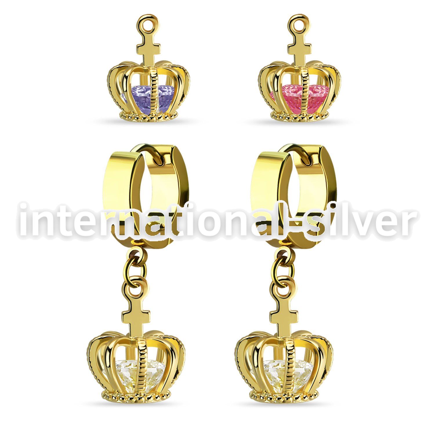 ergz590 gold plated stainless steel huggie w dangling crown w cz