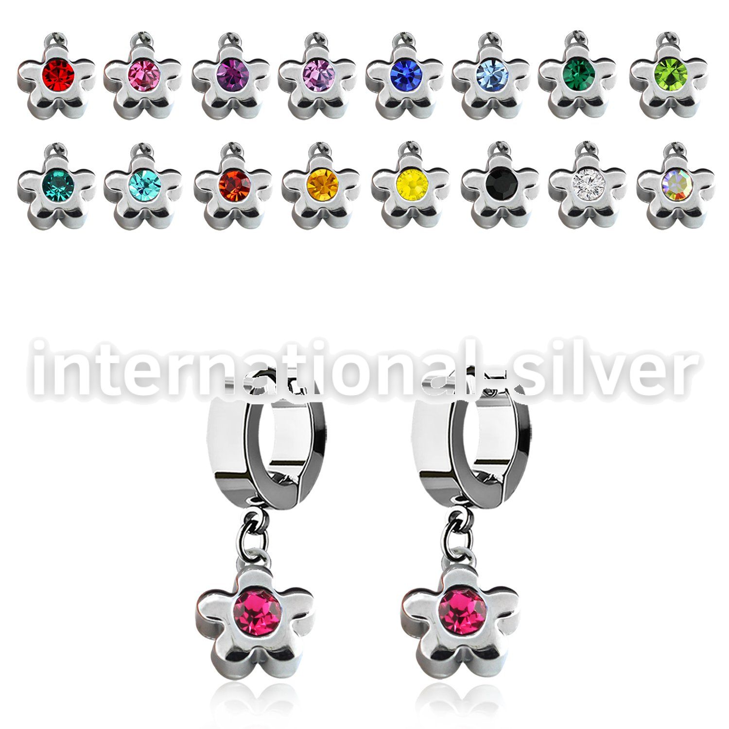 erh399 steel huggies earrings w dangling flower w a big crystal