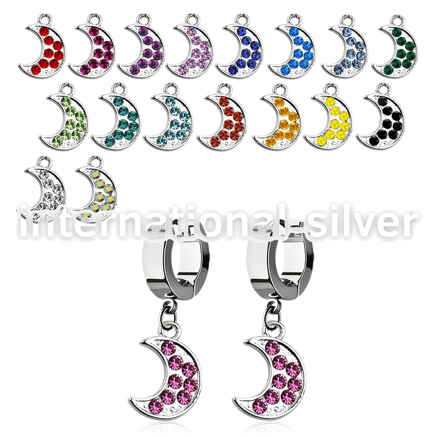 erh401 steel huggies earrings w dangling moon w crystals