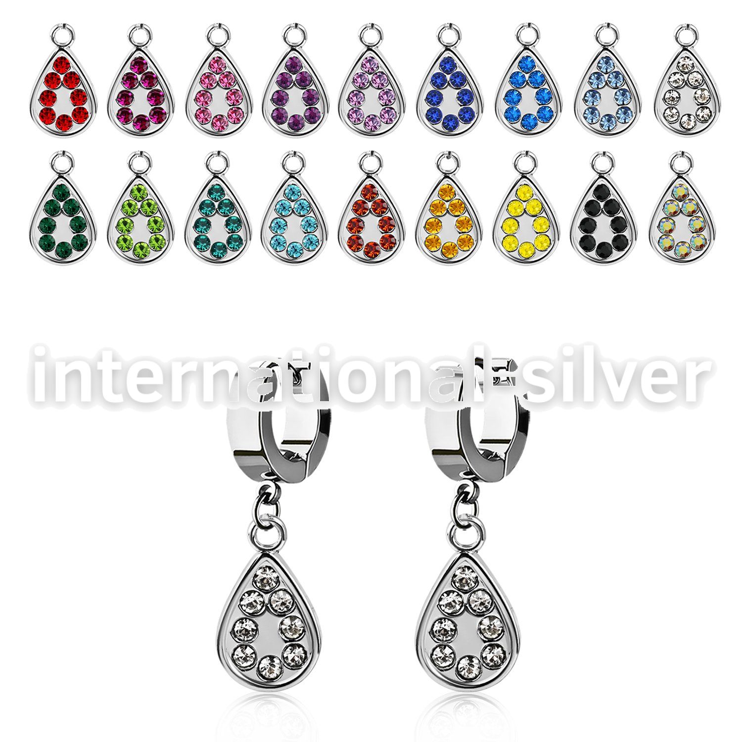 erh403 steel huggies earrings w dangling teardrop w crystals