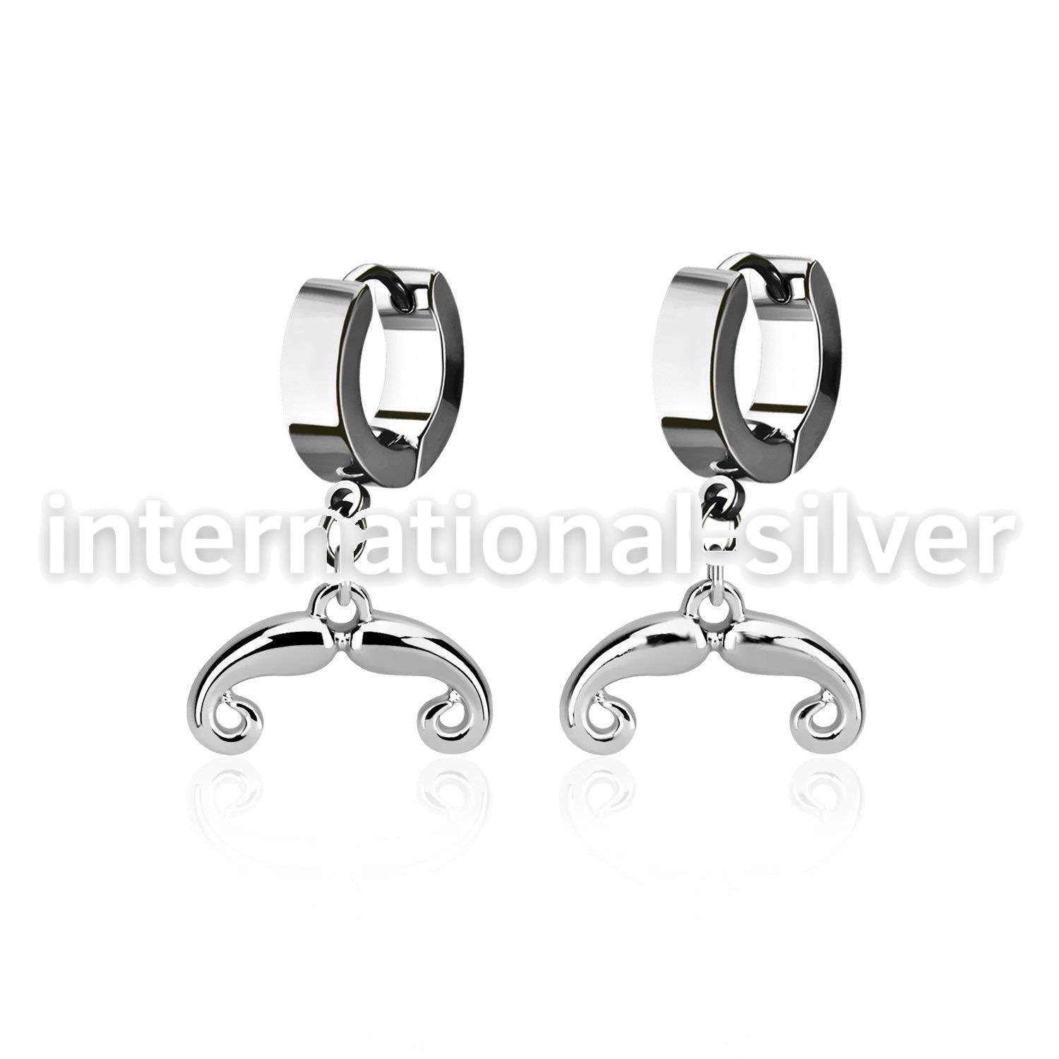 erh516 steel huggies earrings w dangling french mustache
