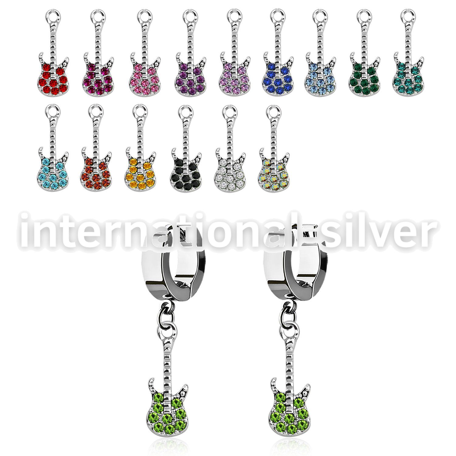 erh538 steel huggies earrings w dangling small guitar
