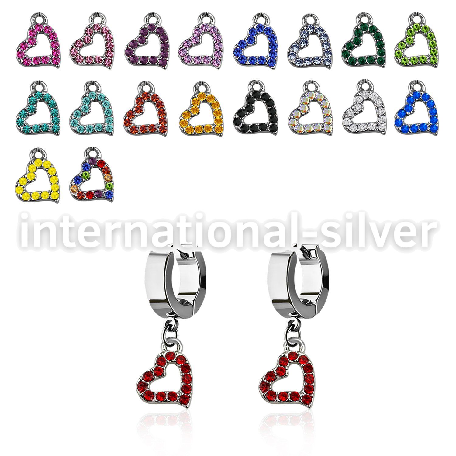 erh542 steel huggies earrings w a heart shaped crystal dangling