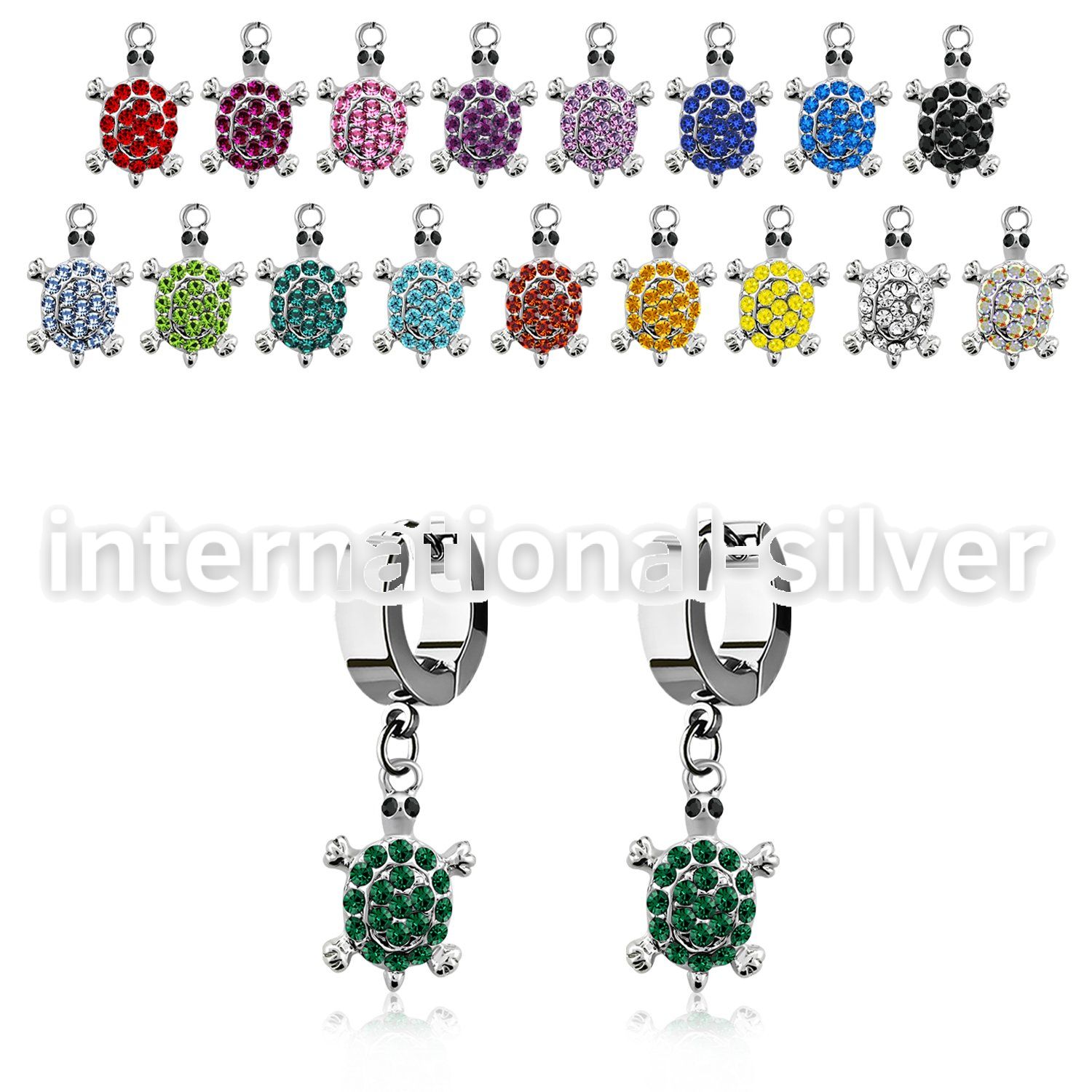erh574 steel huggies earrings w dangling crystal turtle