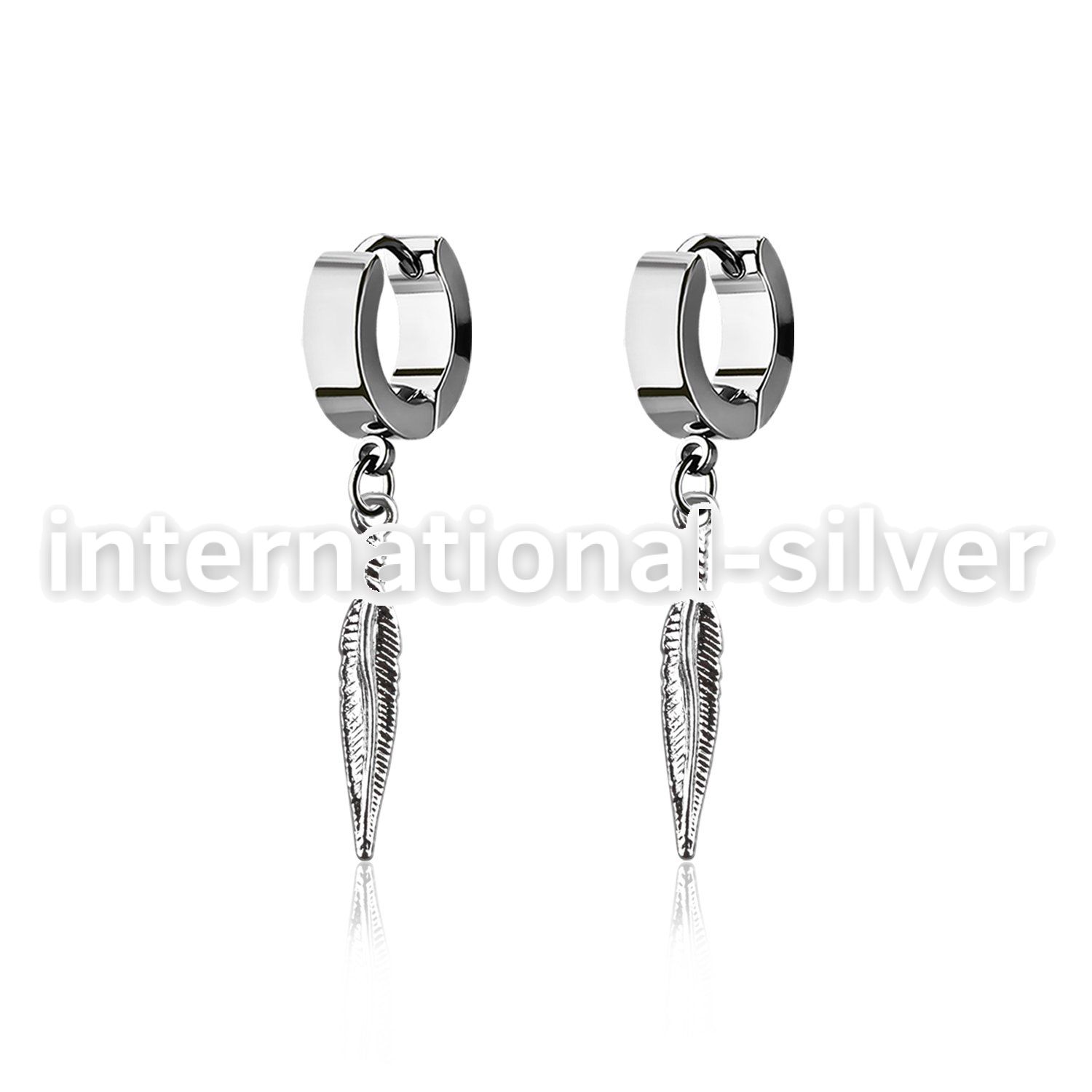 erh583 steel huggies earrings w dangling small feather