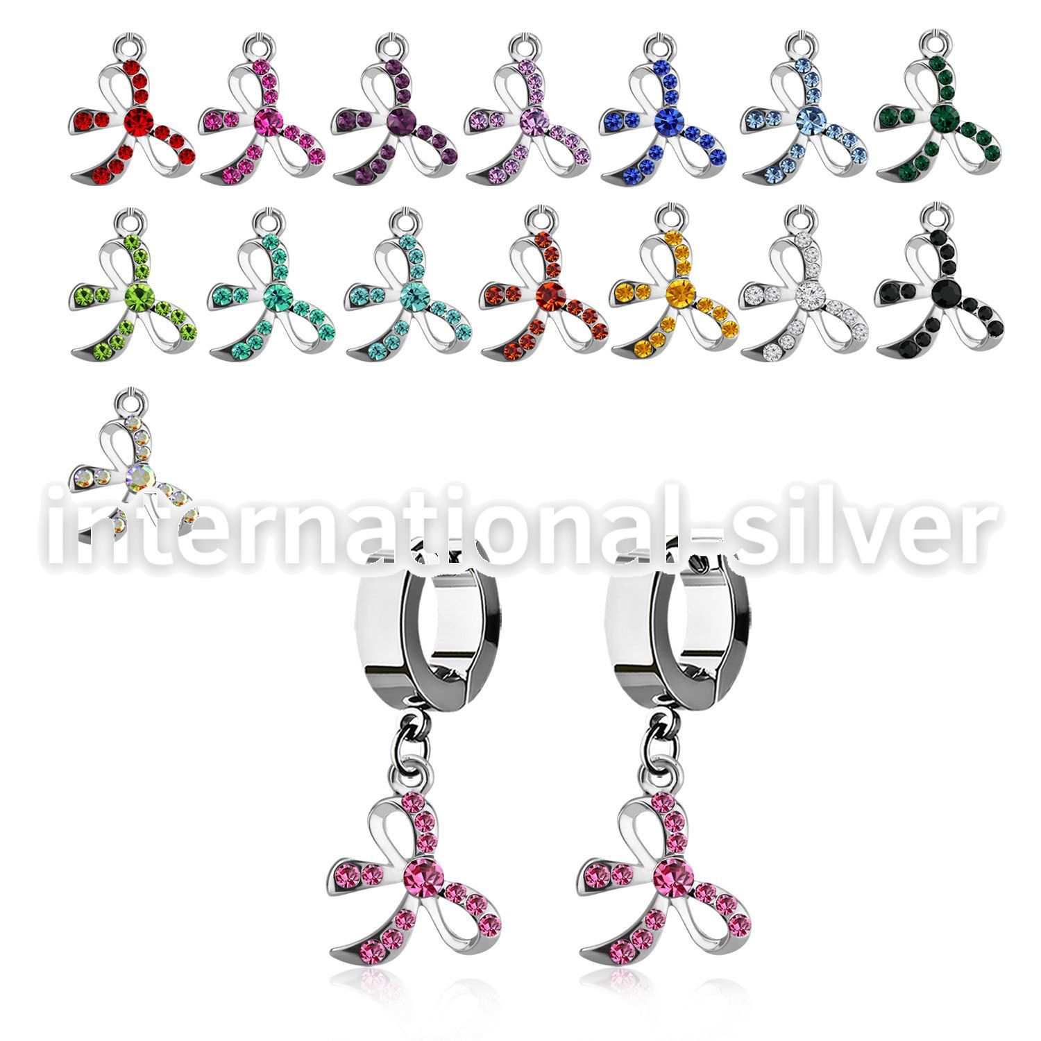 erh588 steel huggies earrings w dangling crystal studded bow