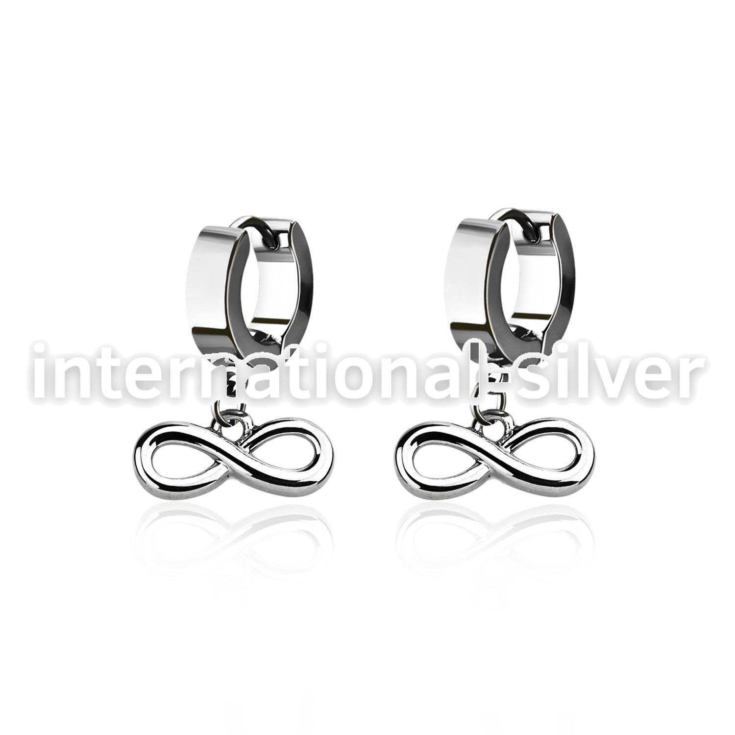 erh618 steel huggies earrings w dangling infinity symbol