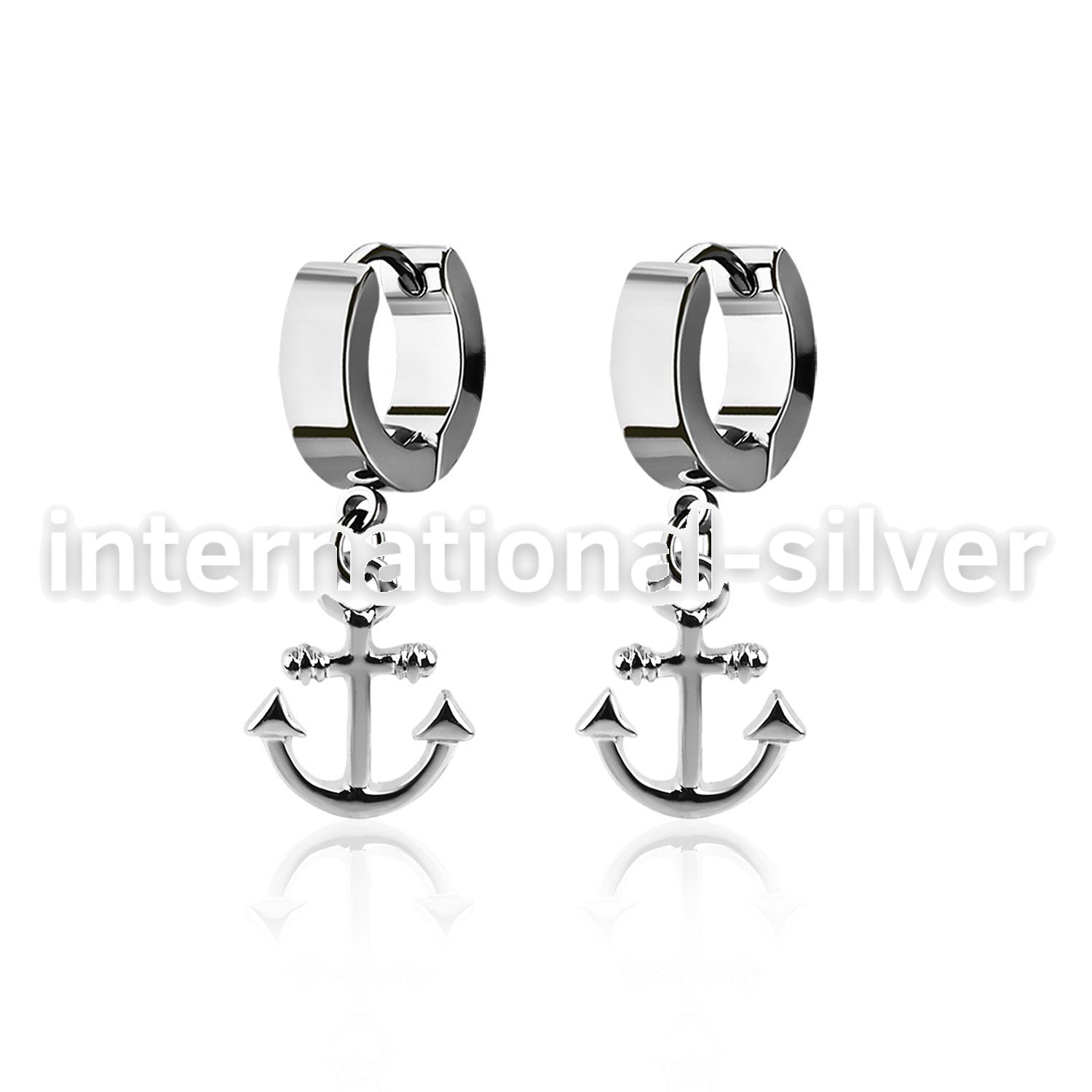 erh632 steel huggies earrings w dangling plain anchor design