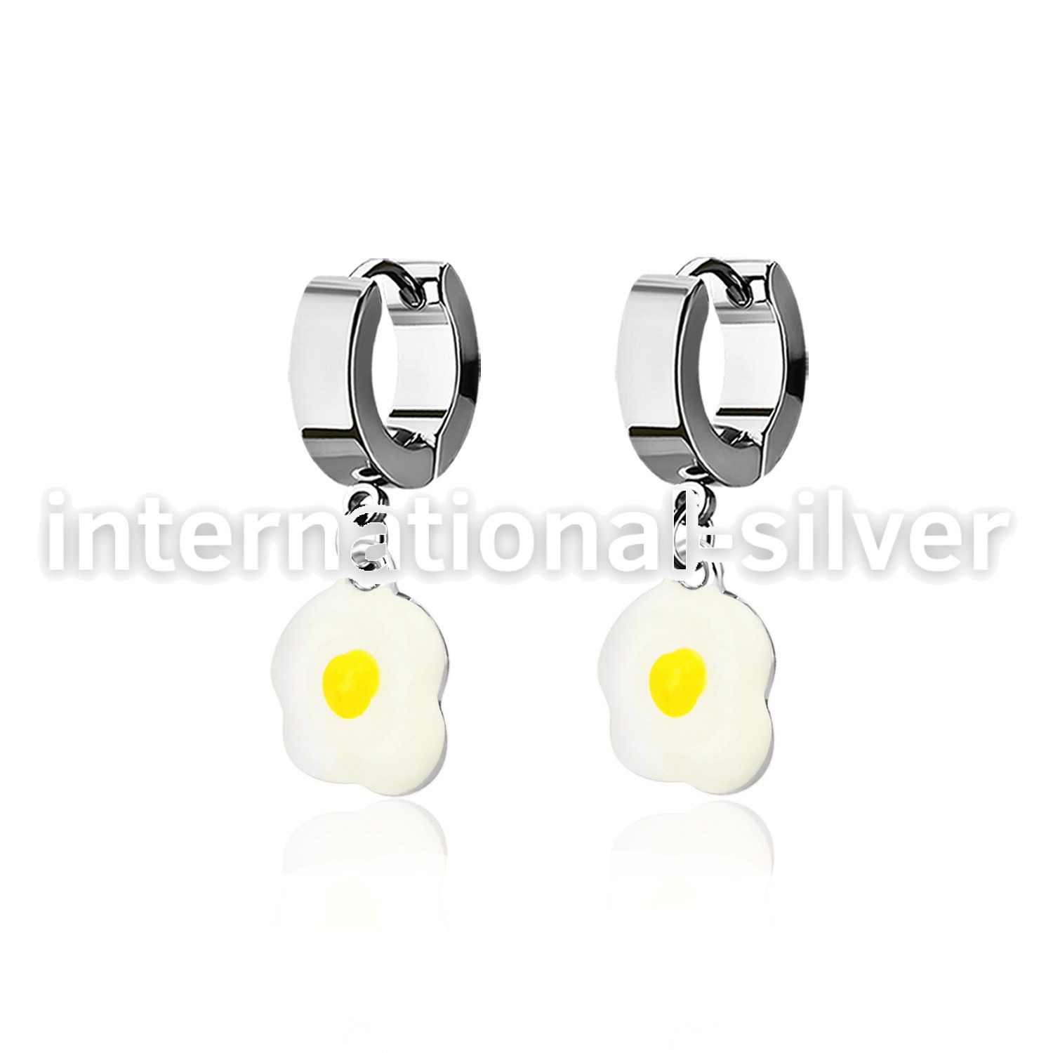 erh645a steel huggies earrings w an eggs dangling