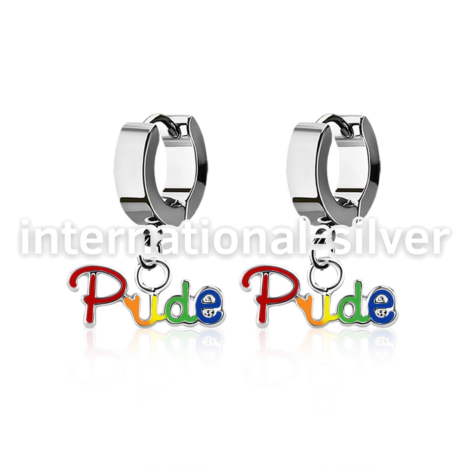 erh648 steel huggies earrings w dangling gay pride slogan