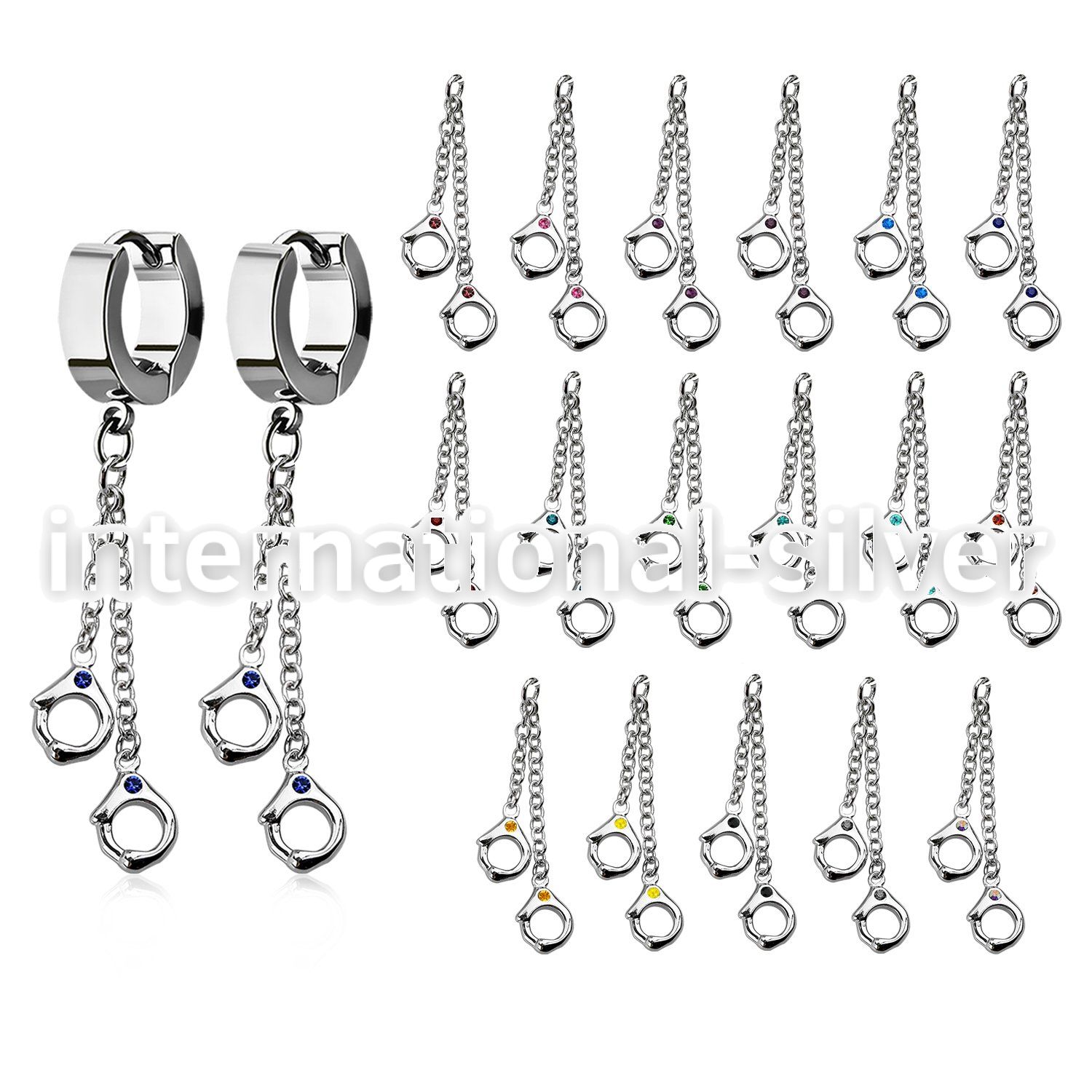 erh652s steel huggies earrings w two dangling handcuffs