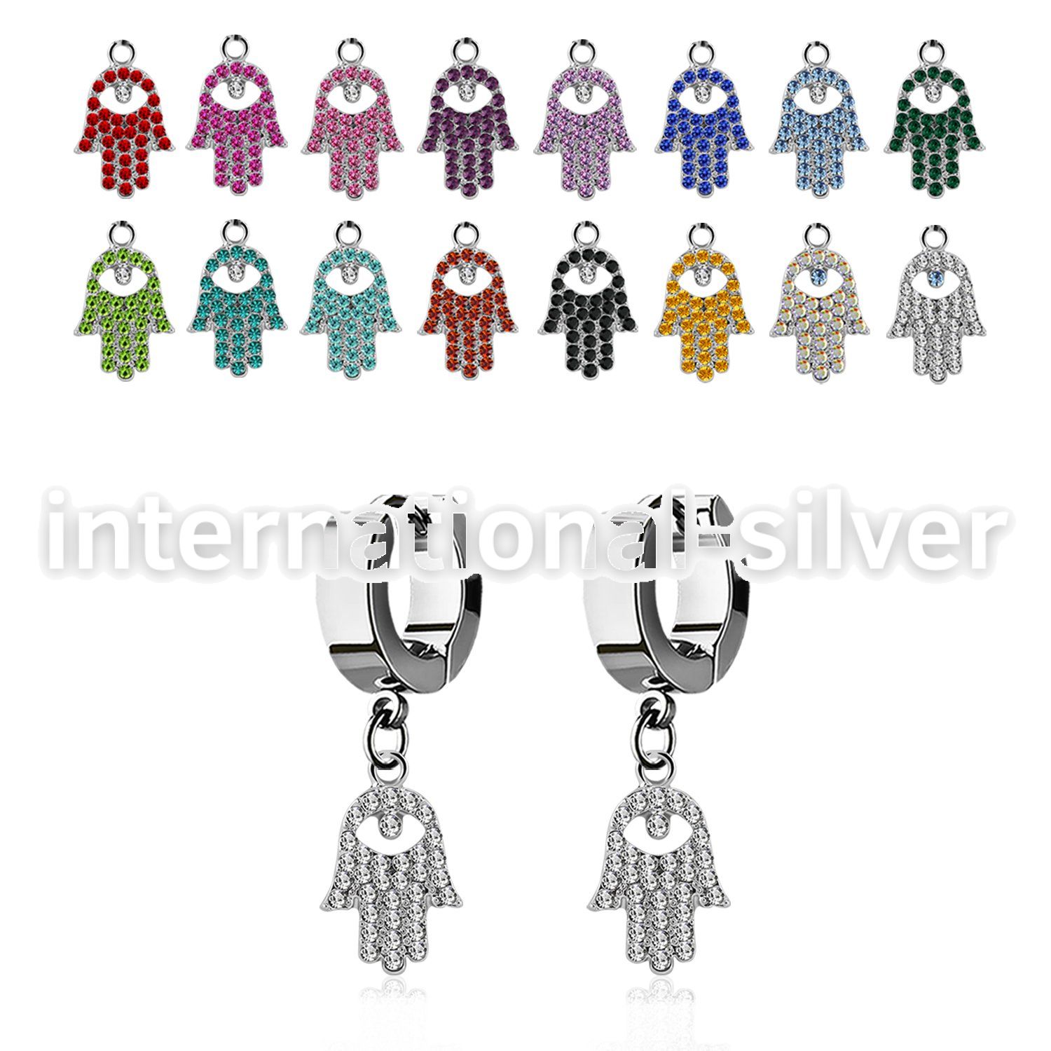 erh668s steel huggies earrings w a small hamsa design w crystals