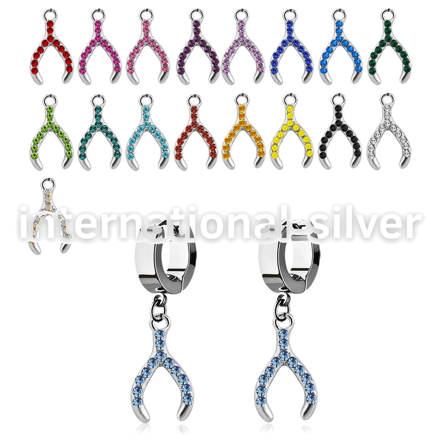 erh669 steel huggies earrings w dangling crystal wish bone