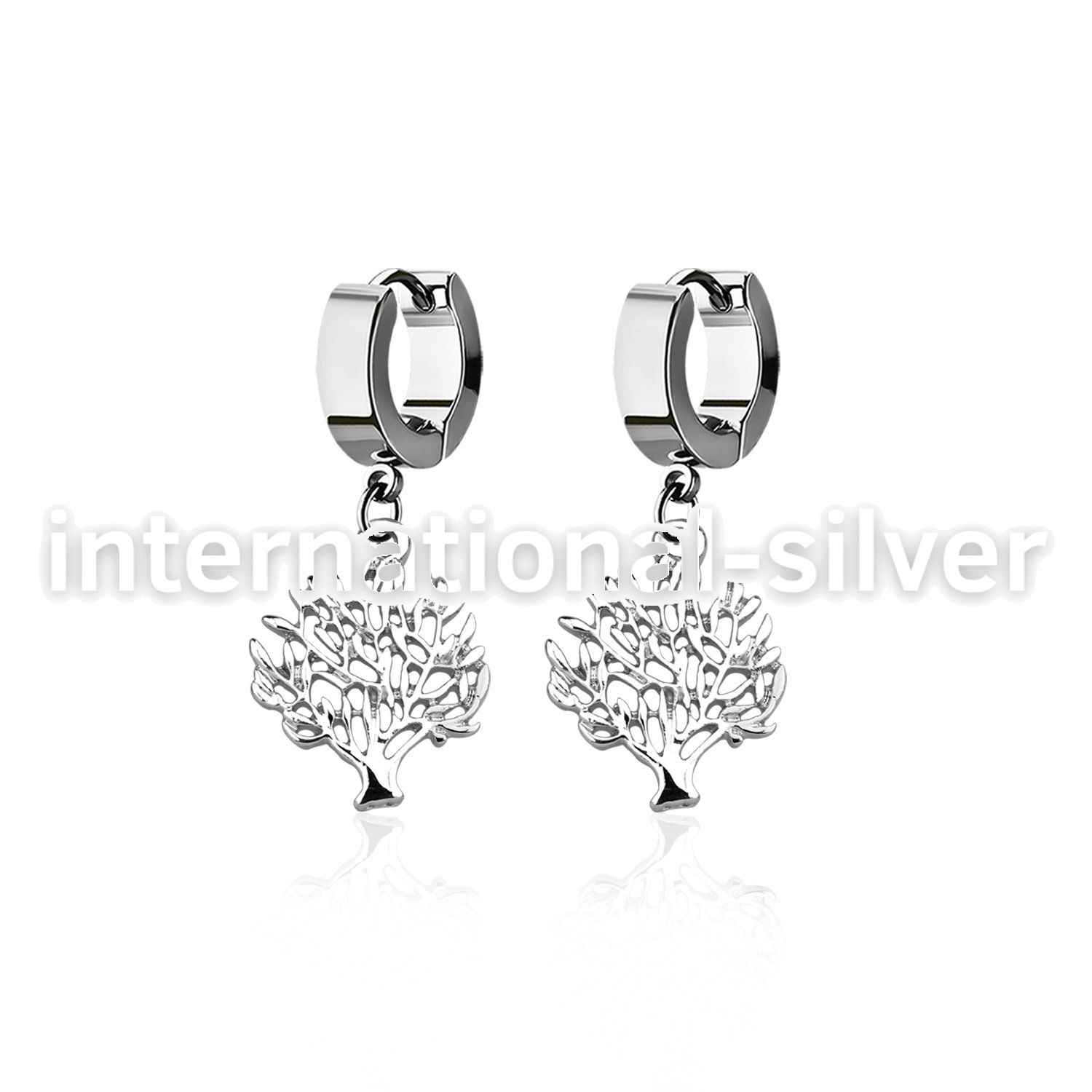 erh697 steel huggies earrings w dangling tree of life design