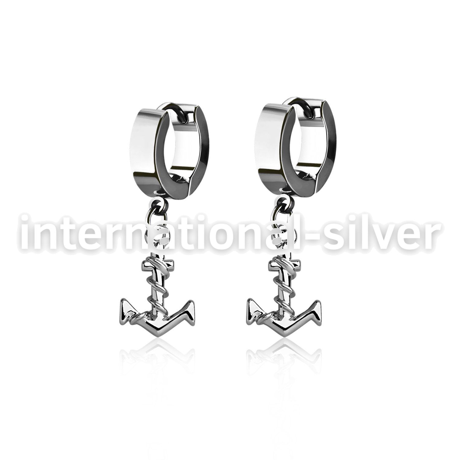 erh699 steel huggies earrings w dangling plain anchor w rope