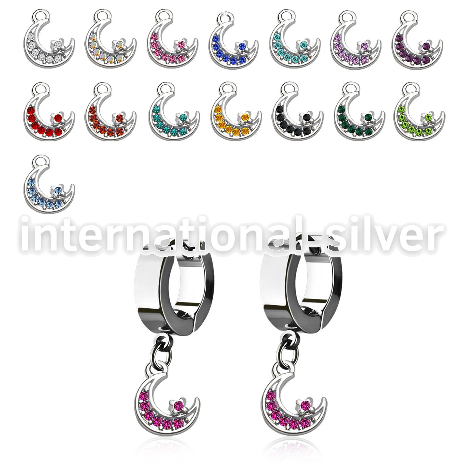 erh734 steel huggies earrings w dangling moon w crystals