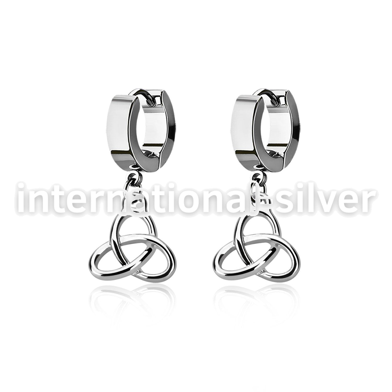 erh736 steel huggies earrings w dangling celtic trinity knot