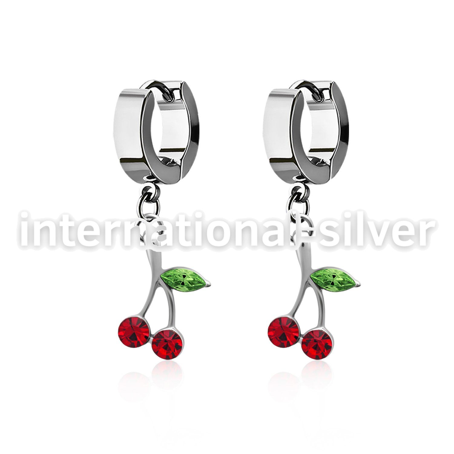 erhch10 steel huggies earrings w dangling crystal cherry design