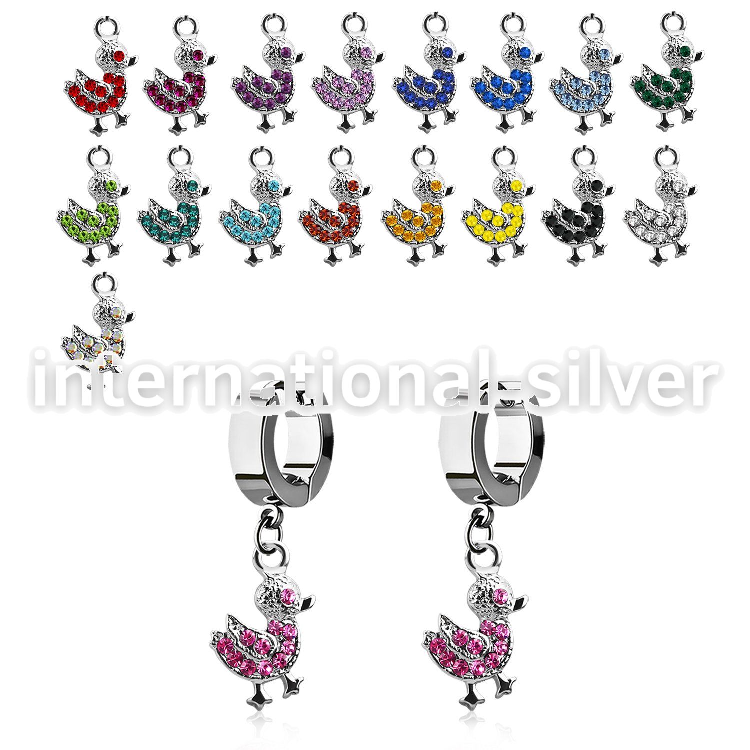 erhdk2 steel huggies earrings w dangling crystal duck 