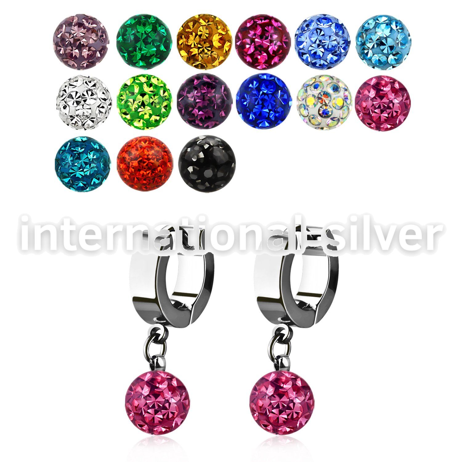 erhfr8 steel huggies earrings with 8mm multi crystal balls