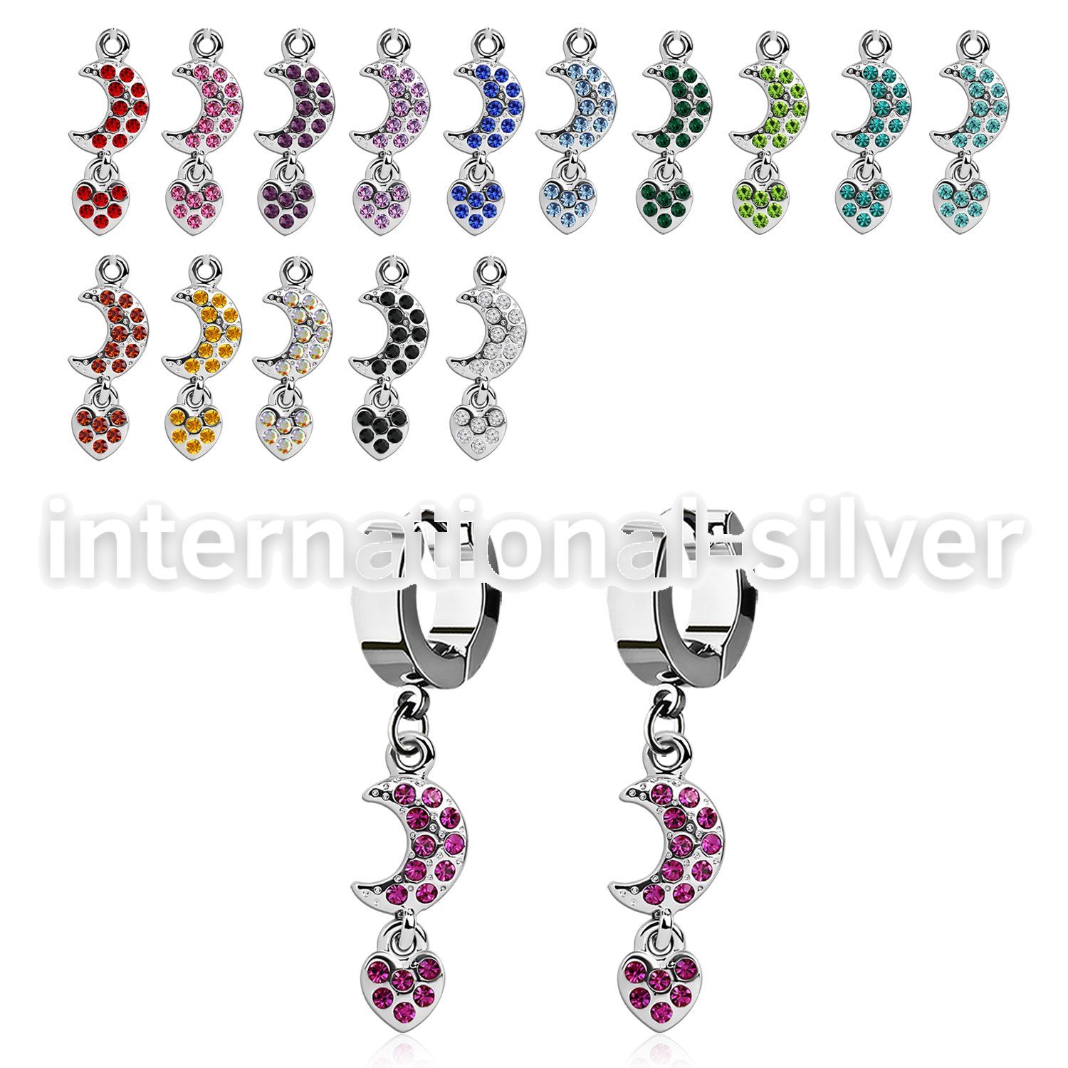 erhmh steel huggies earrings w dangling moon w heart