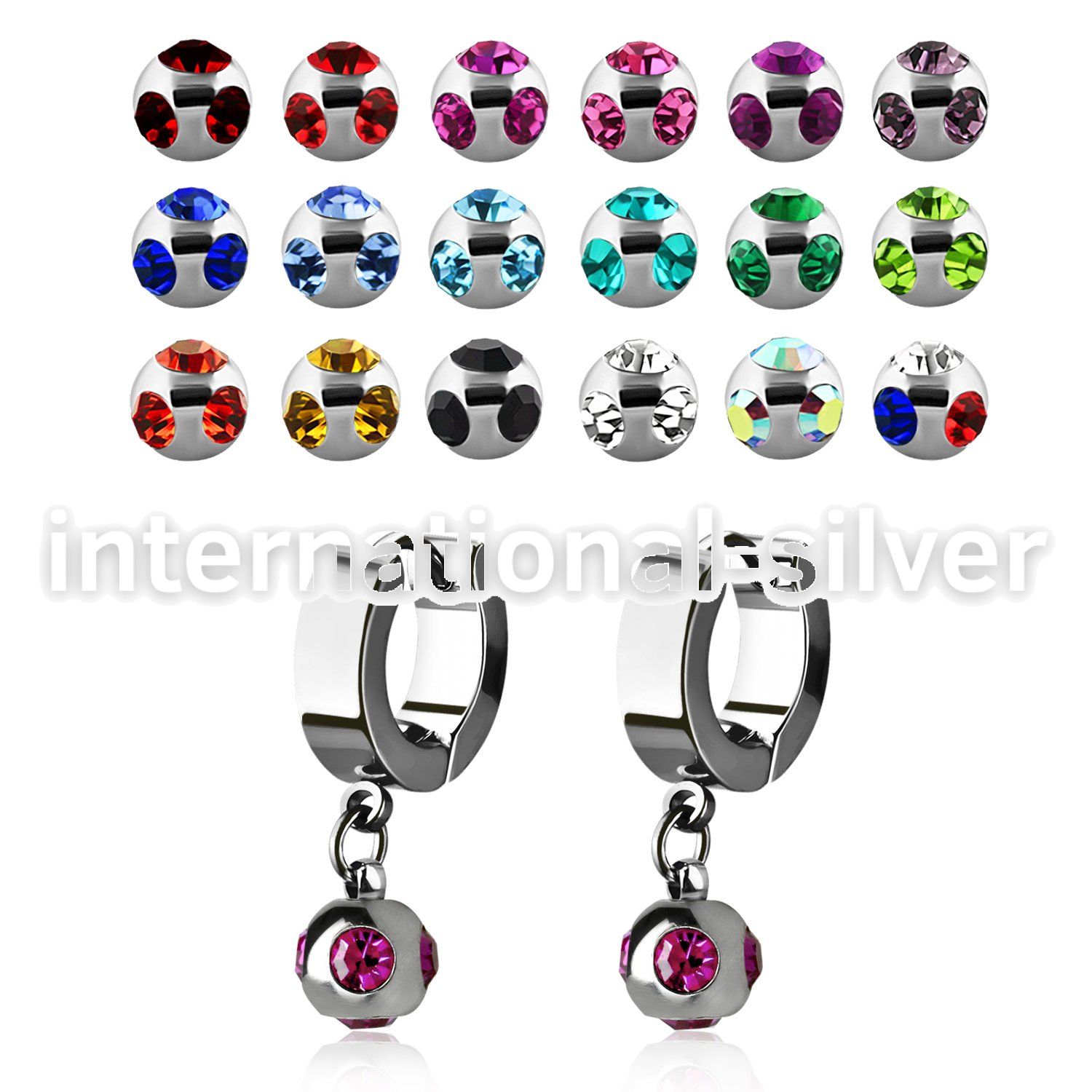 erhmj6 steel huggies earrings w dangling 6mm multi jewel balls