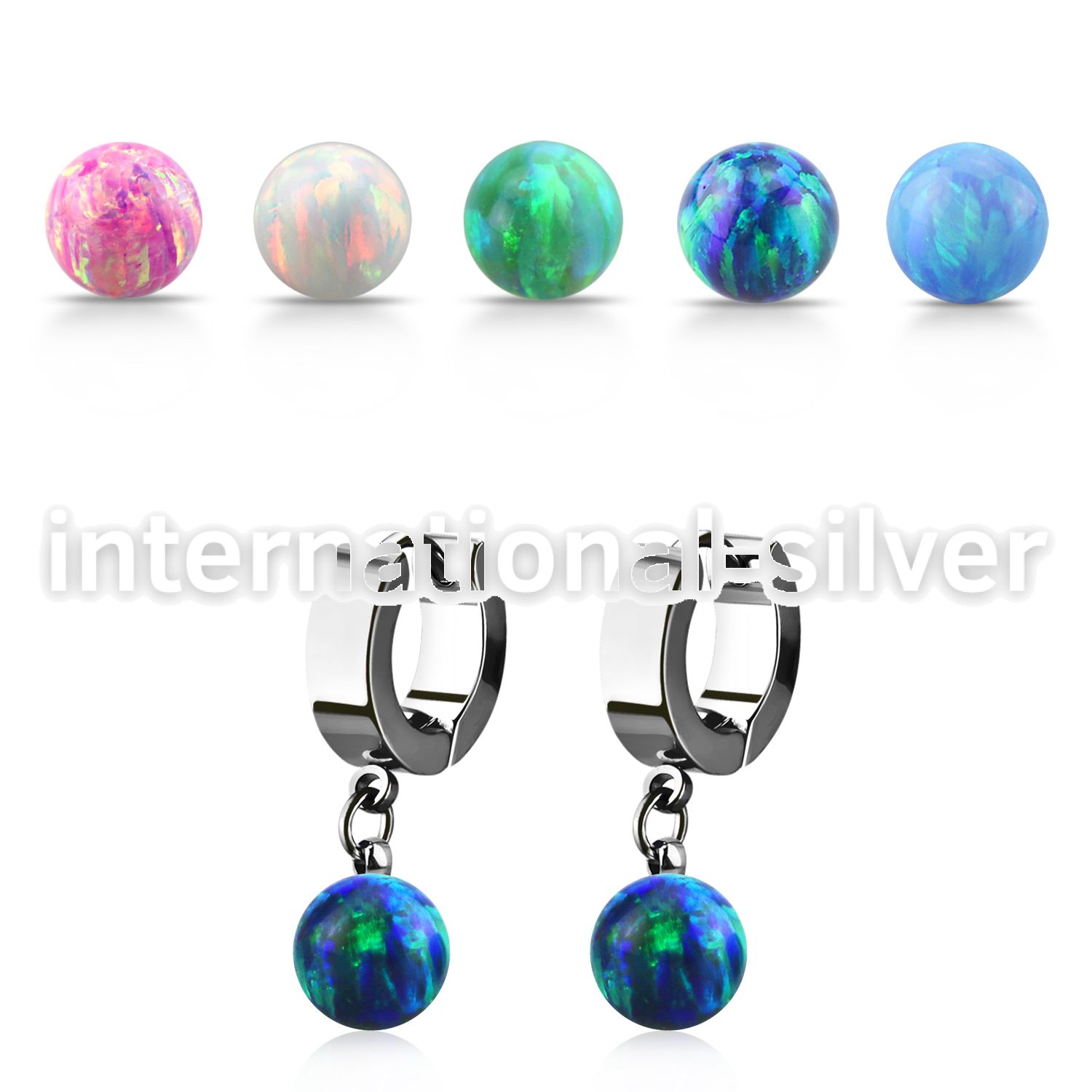 erhop8 steel huggies earrings w dangling 8mm opal balls